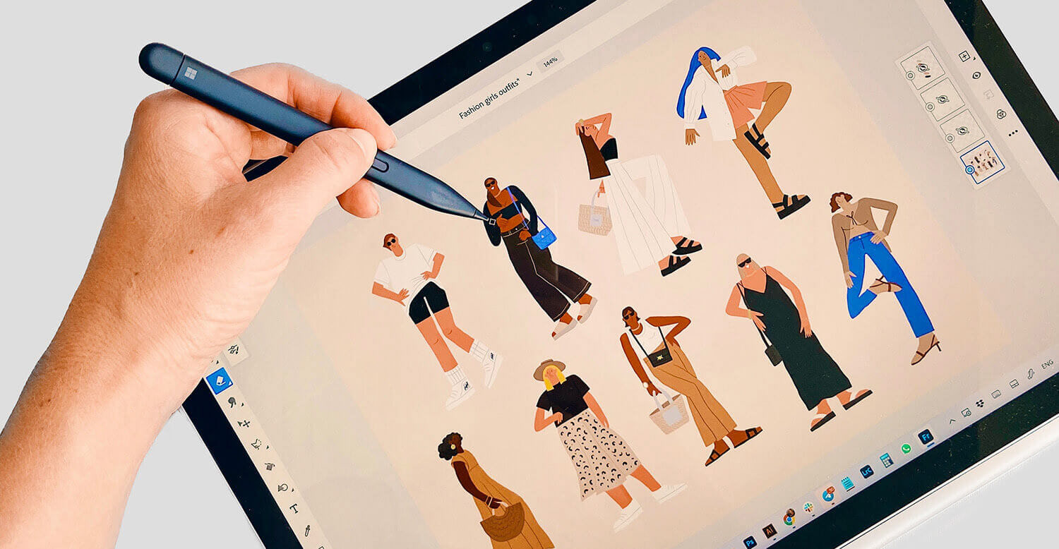 fashion illustration of stylish women, laptop of Tatiana Vovchek, microsoft surface book preview