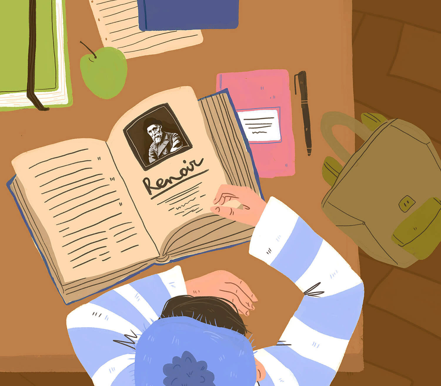 school illustration, back to school, little boy sitting on the desk, renoir illustration, school kidlit illustration by Tatiana Vovchek