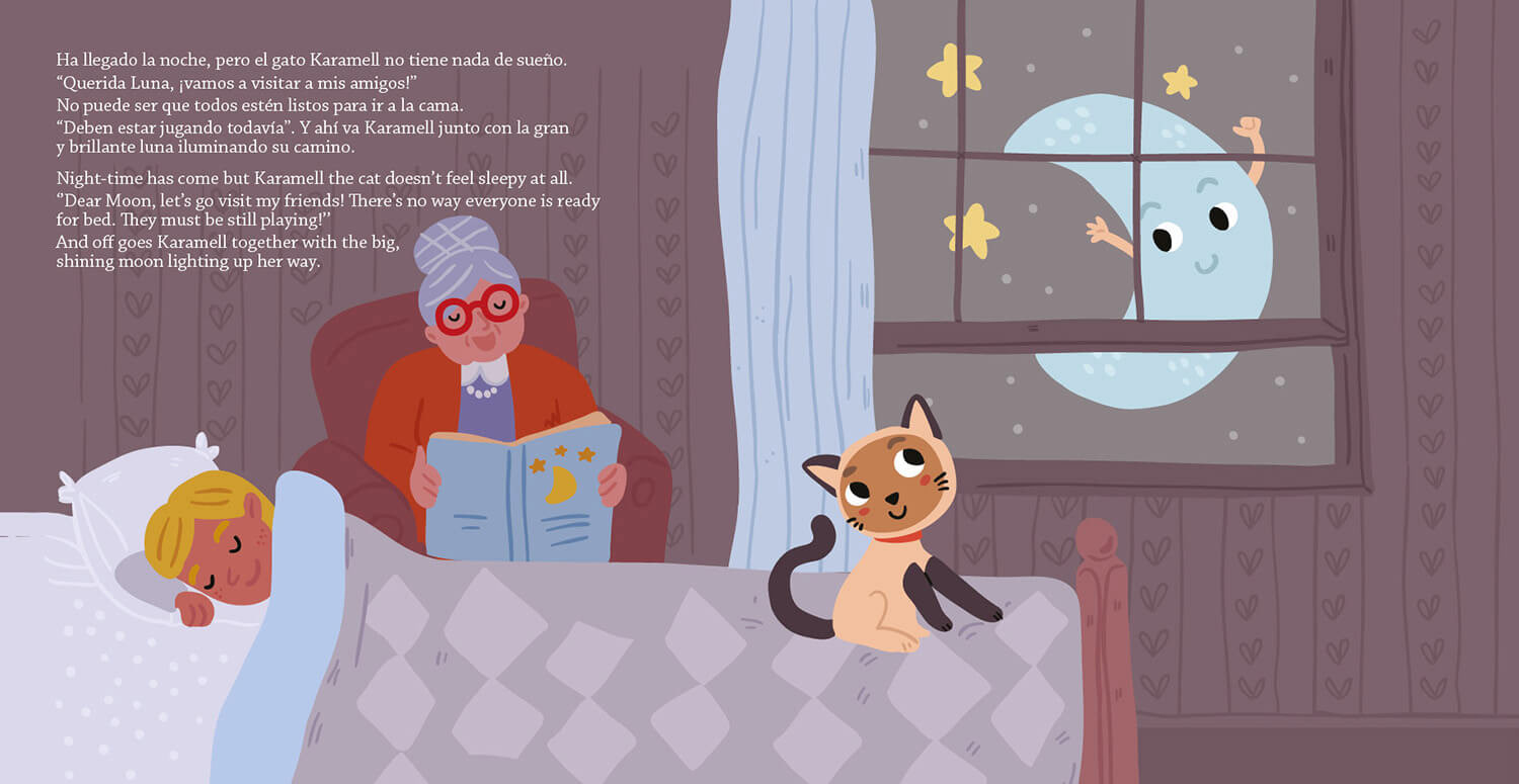 grandmother and granddaughter illustration for strolling with the moon picture book bedtime story by Tatiana Vovchek