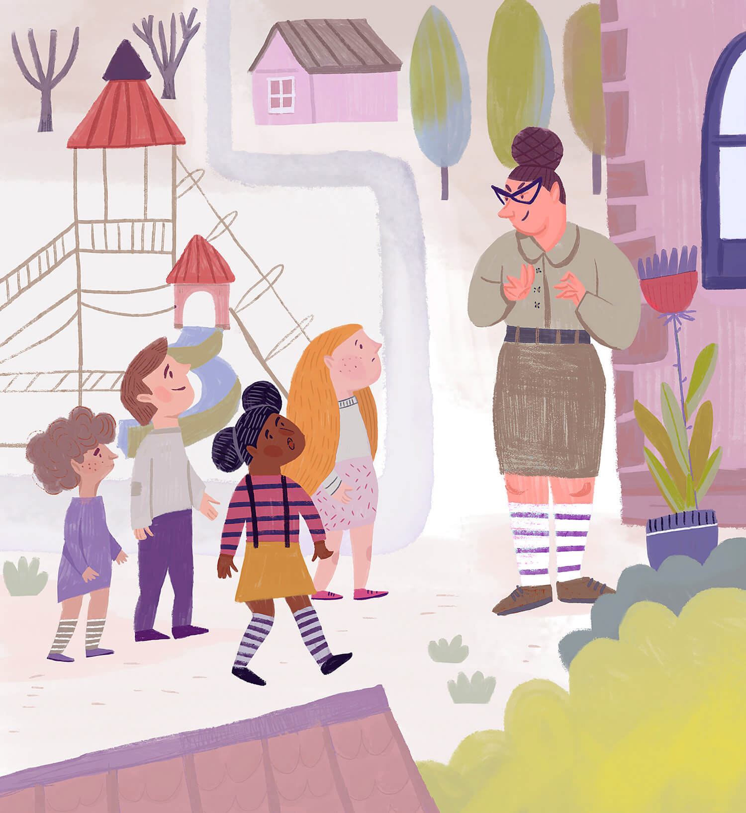 teacher with students on the walk, back to school kidlit illustrartion by Tatiana Vovchek