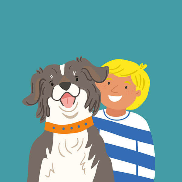 dog portrait with dog owner for kidlit picture book by Tatiana Vovchek
