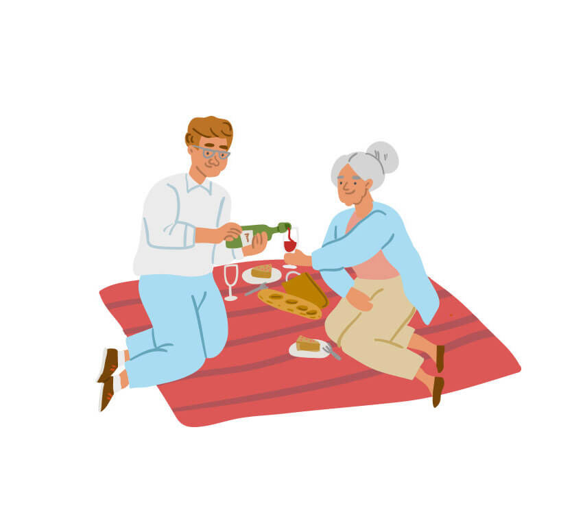 old couple on picnic, illustration from non fiction activity book for children on ecology by Tatiana Vovchek