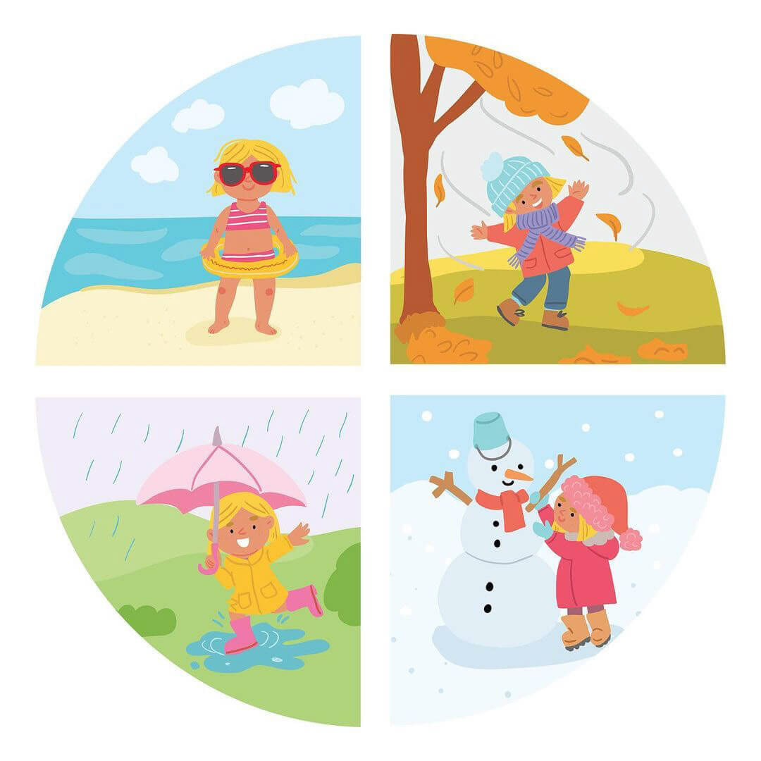 little girl character design and seasons of the year illustration for activity cards by Tatiana Vovchek