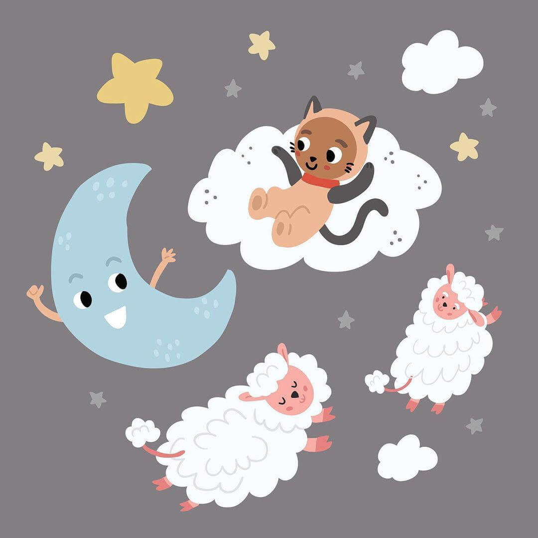 sheeps, the moon, cat character for strolling with the moon picture book bedtime story by Tatiana Vovchek