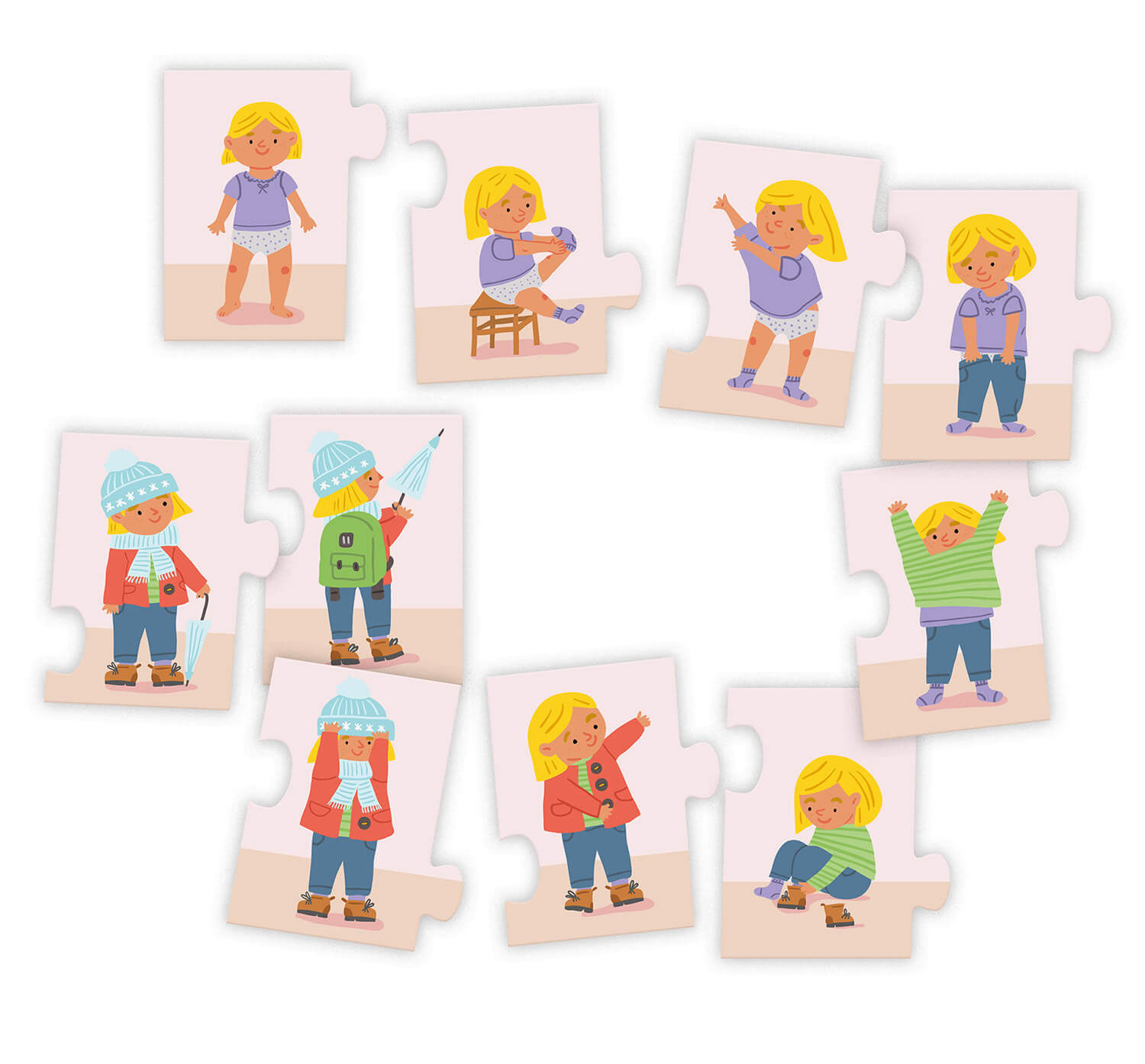 little girl character design and seasons of the year illustration for activity cards by Tatiana Vovchek