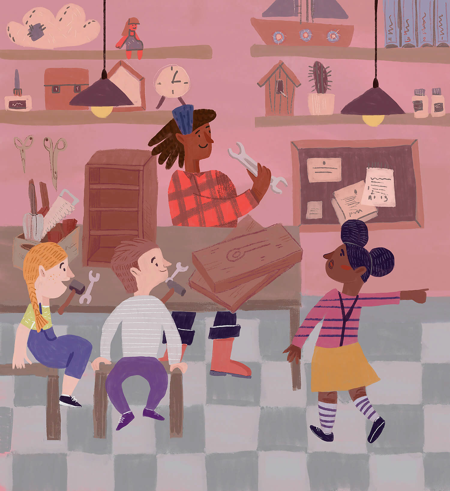 crafts lesson at school, school routine kidlit illustration, teacher with students at crafts lesson illustration by Tatiana Vovchek