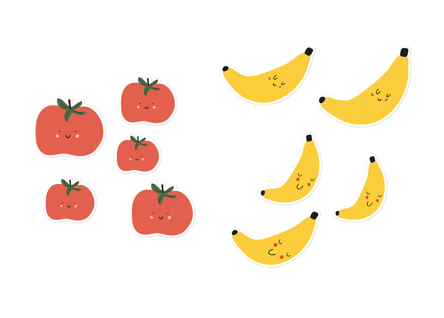 tomatos, bananas icons for children activity books by Tatiana Vovchek