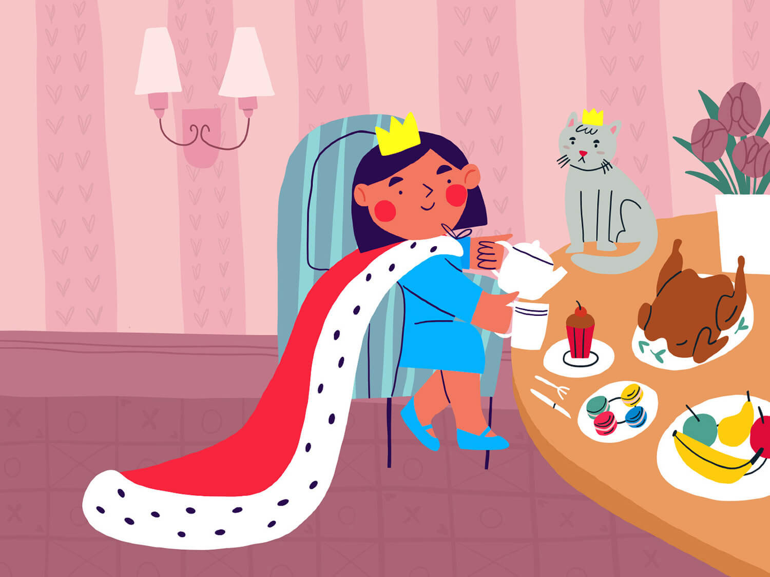 little queen illustration, tea time illustration, girl and the cat illustration for kidlit by Tatiana Vovchek