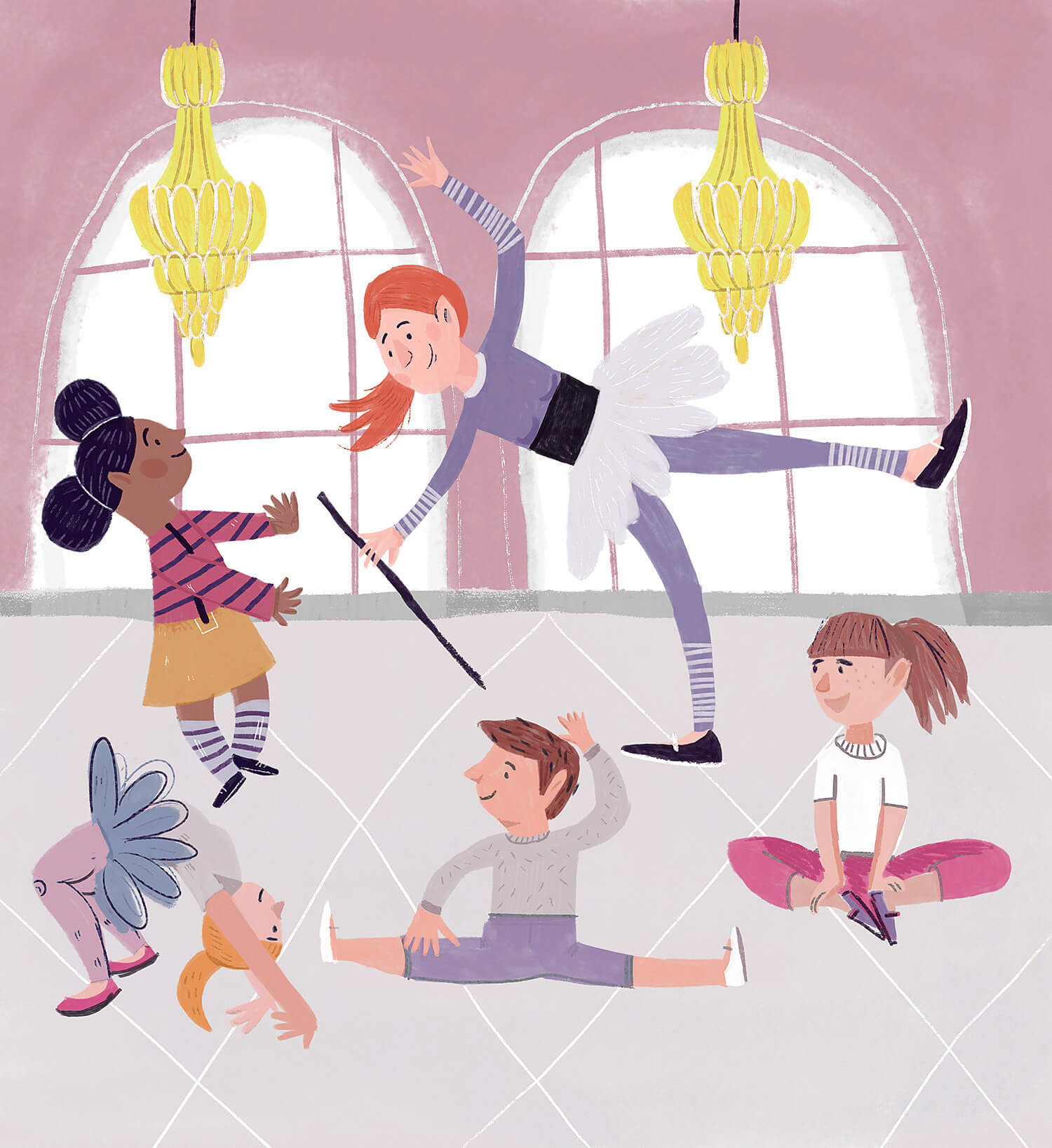 ballet lesson illustration, teacher and student at dance class, back to school illustration by Tatiana Vovchek
