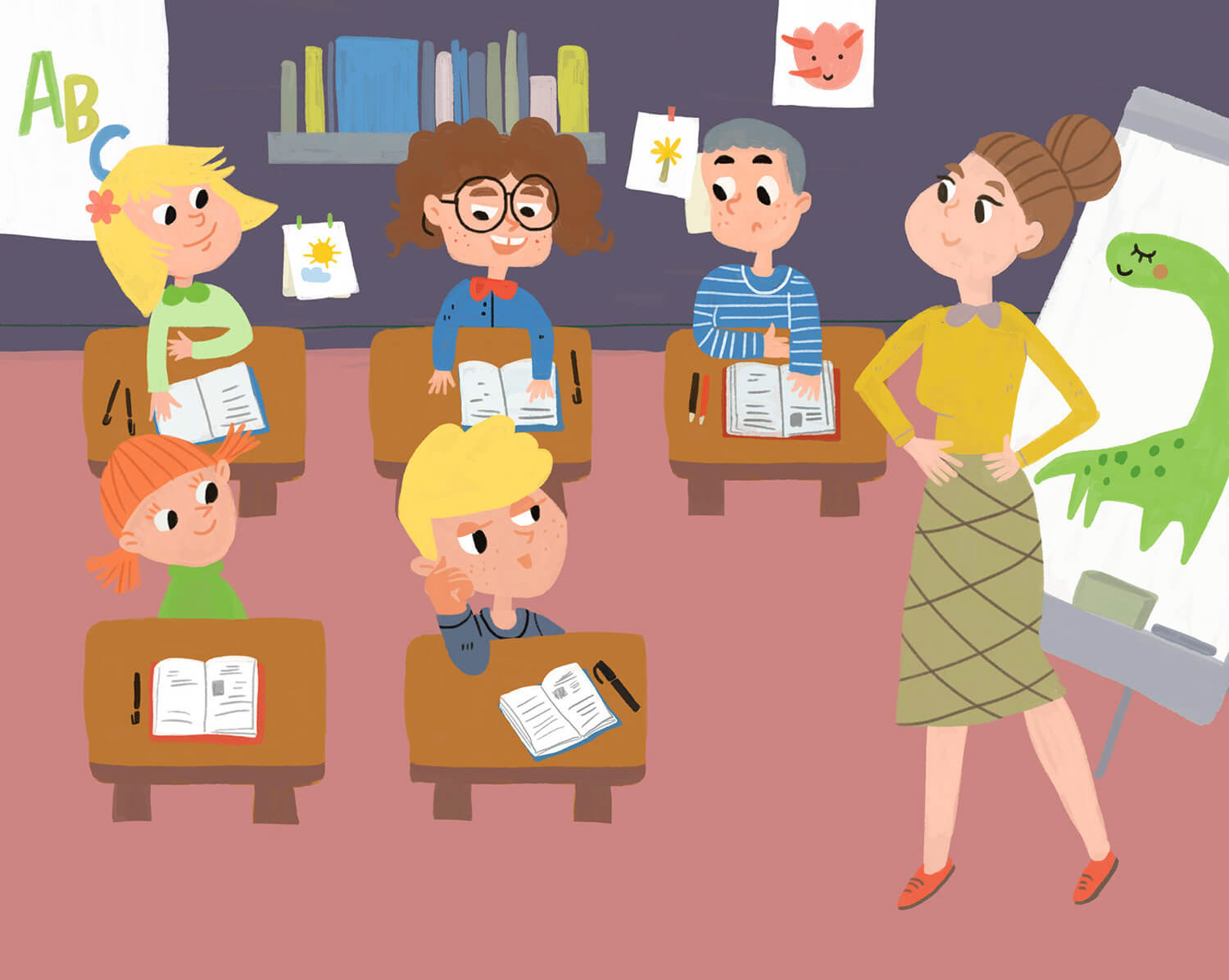 back to school illustration, lesson at school, school routine illustration, teacher and students illustration by Tatiana Vovchek