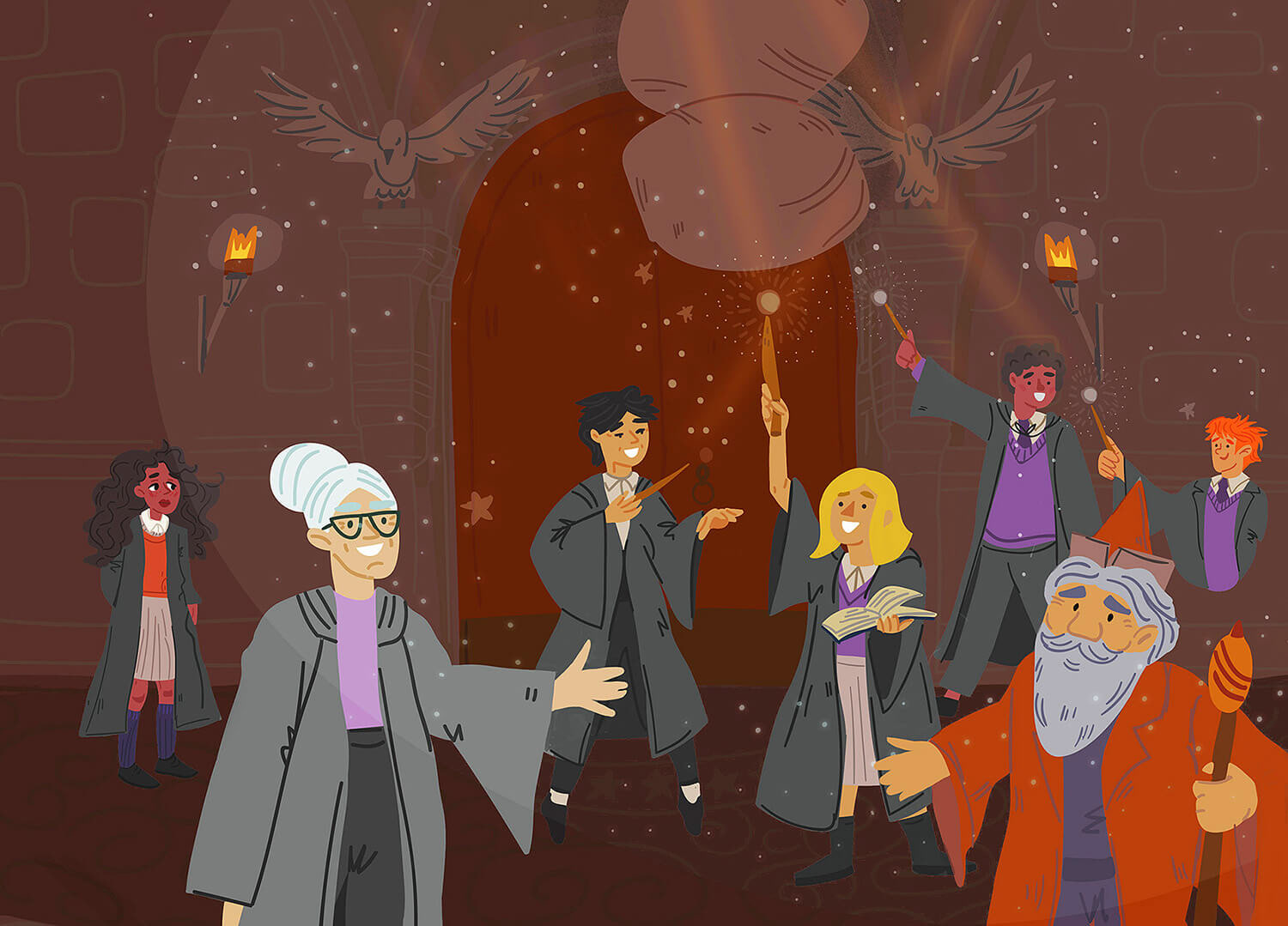 little witch illustration, school of magic illustration, harry potter style illustration by Tatiana Vovchek