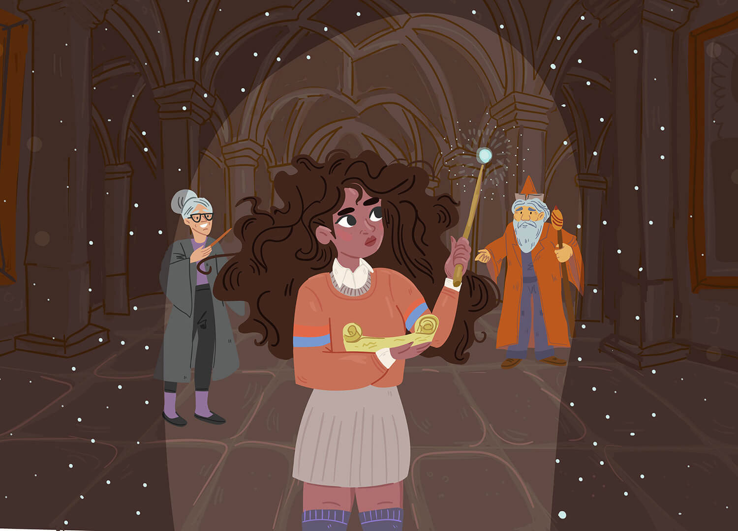 little witch illustration, school of magic illustration, harry potter style illustration by Tatiana Vovchek