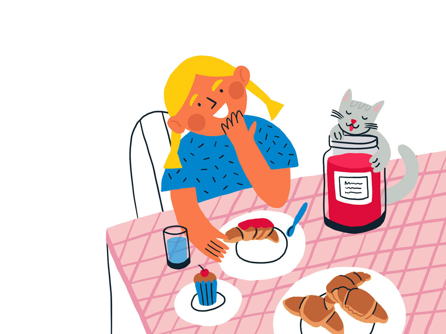 cute little girl with croisants, jam and cat having breakfast, kidlit illustration by Tatiana Vovchek