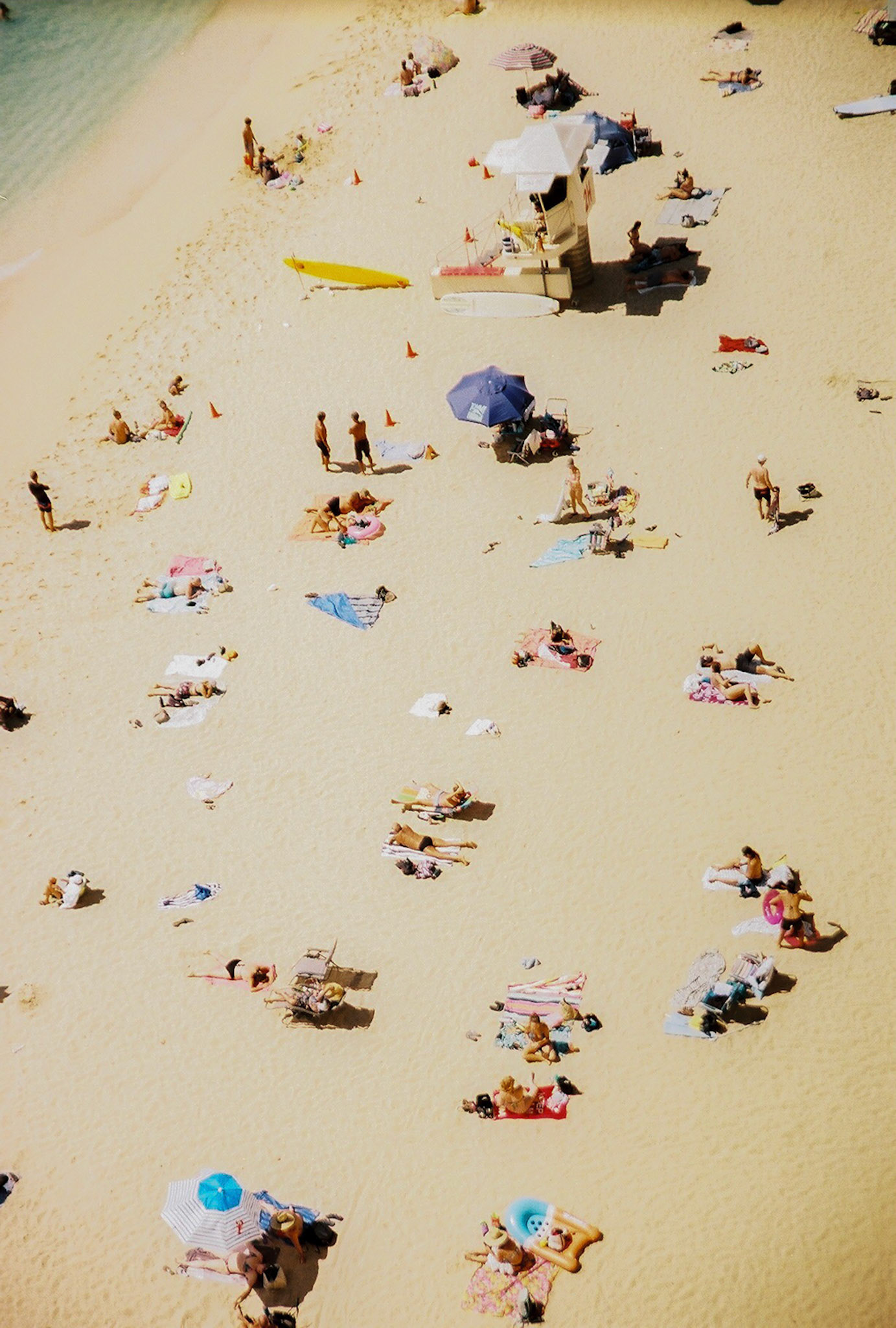 Beach with Sunbathers &amp; Umbrellas