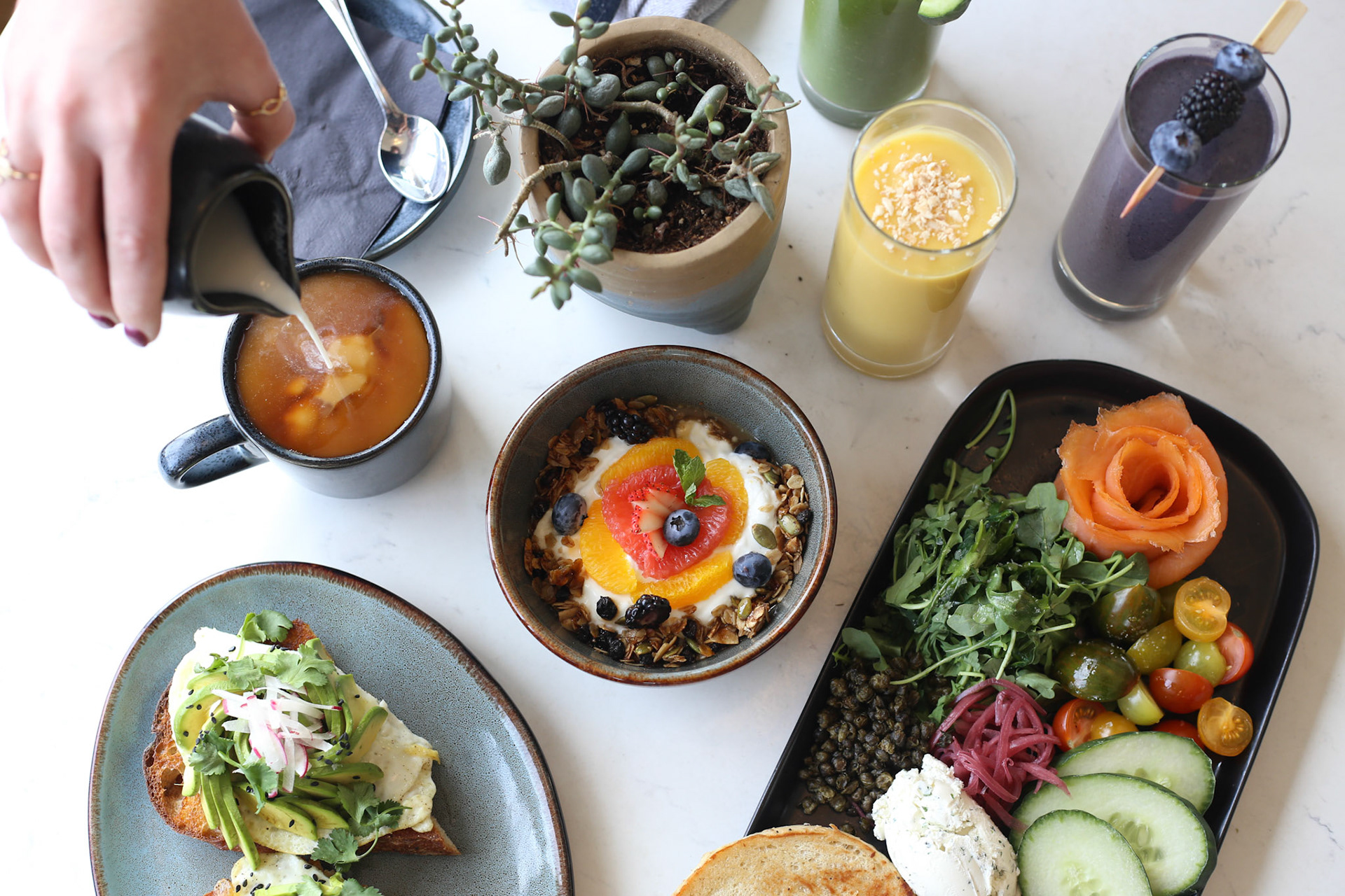 Assorted Breakfast Foods &amp; Drinks