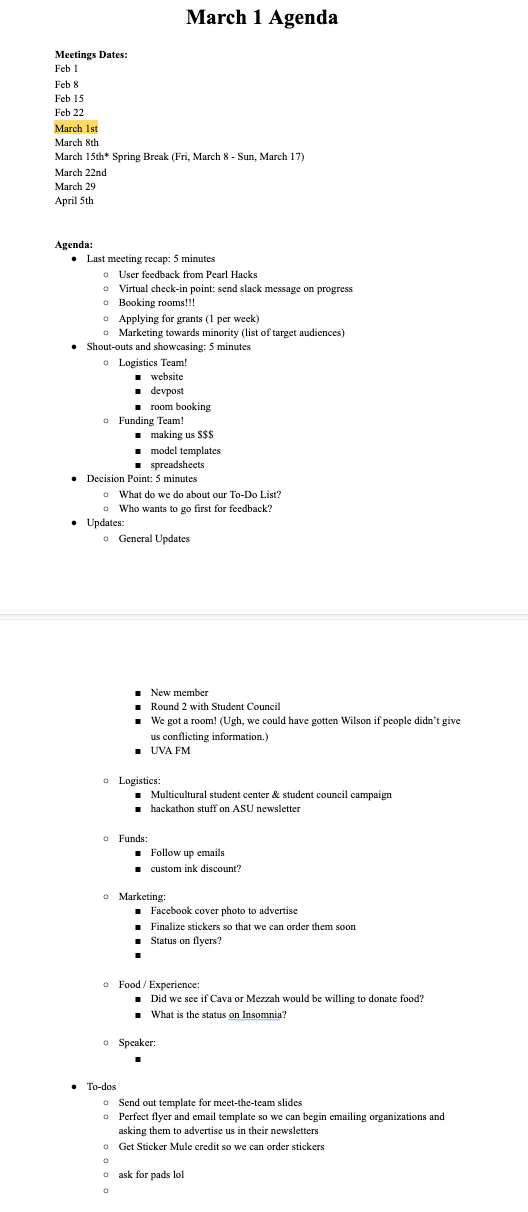 Example of our meeting agendas