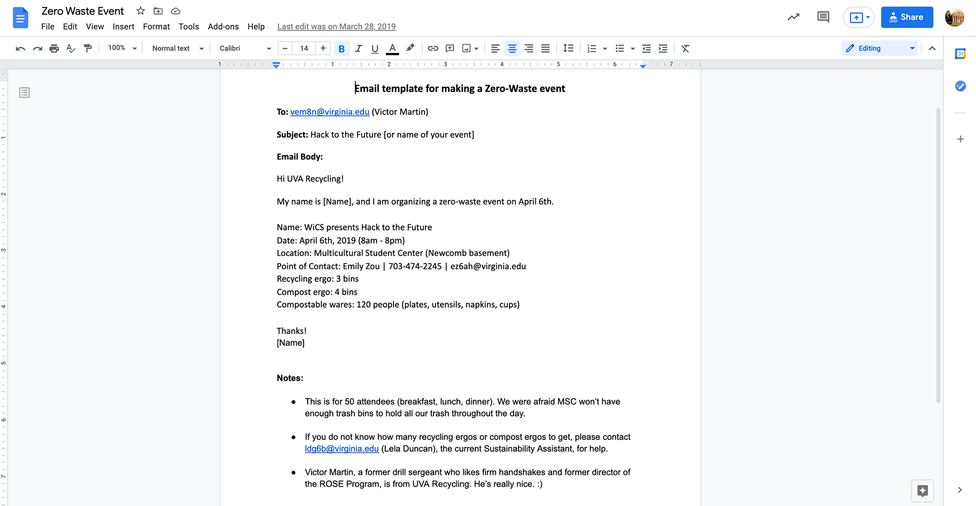 I seeked Facilities Management to host a zero-waste event