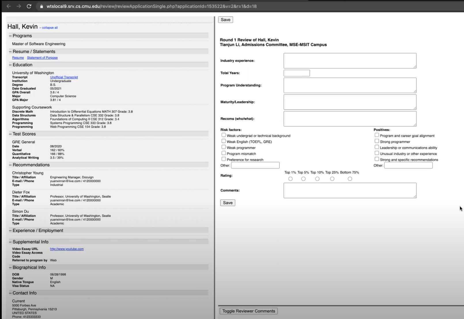 Example of a reviewer form submission