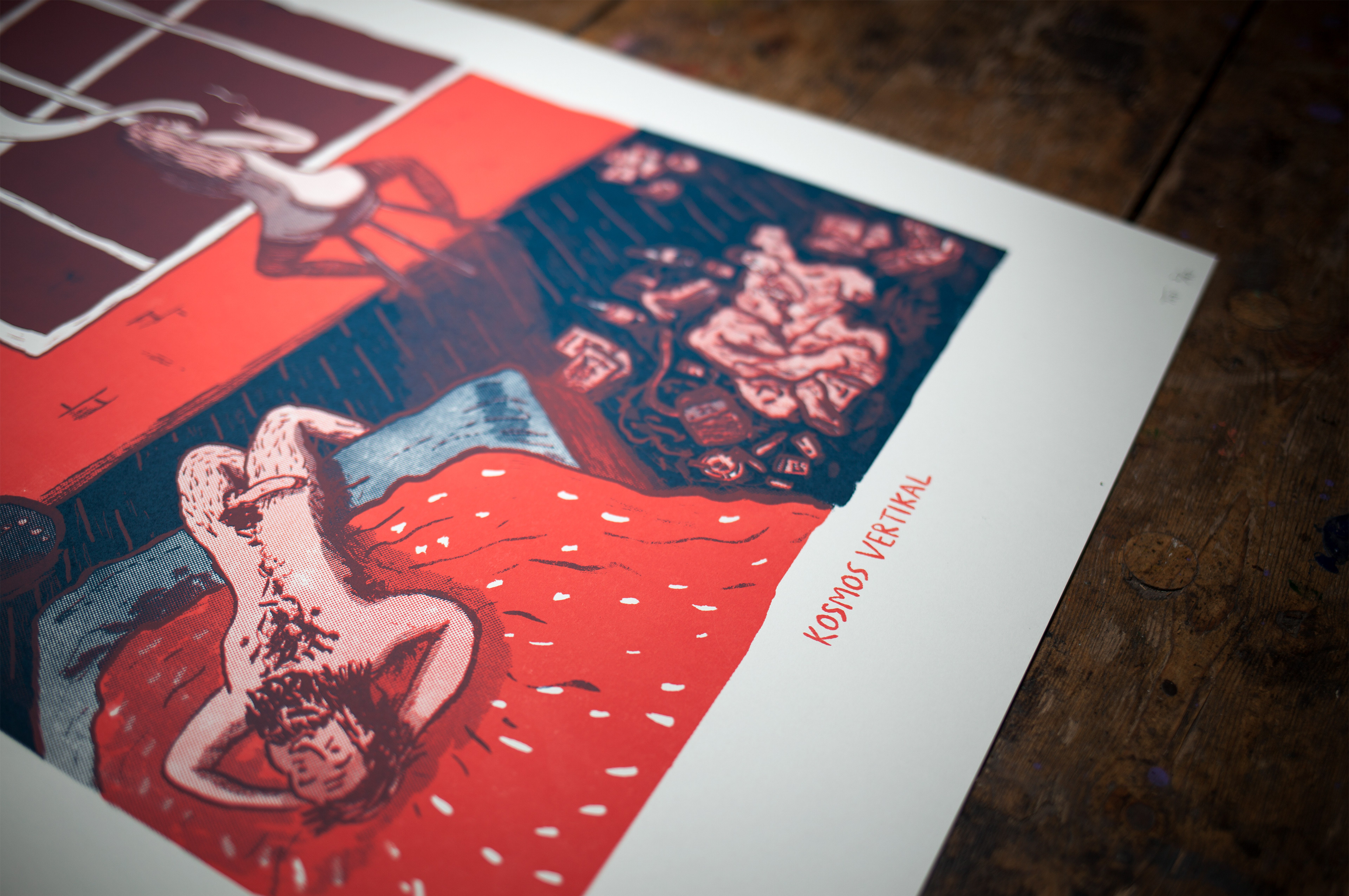 Poster Plakat kosmos vertikal sex siebdruck illustration detail