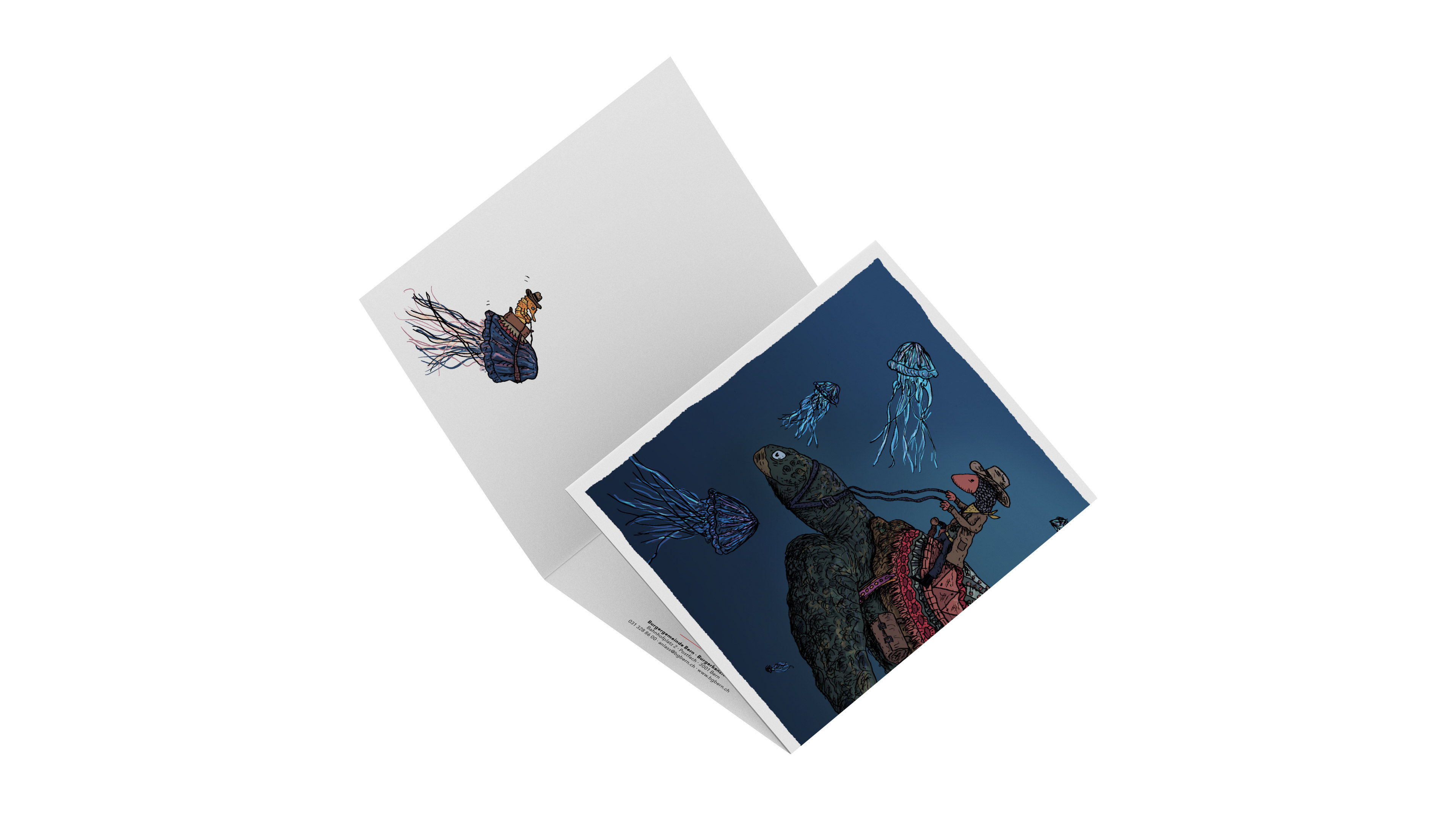 Einladungs Karte Burgergemeinde Bern Illustration schildkröte unterwasser leporello faltung