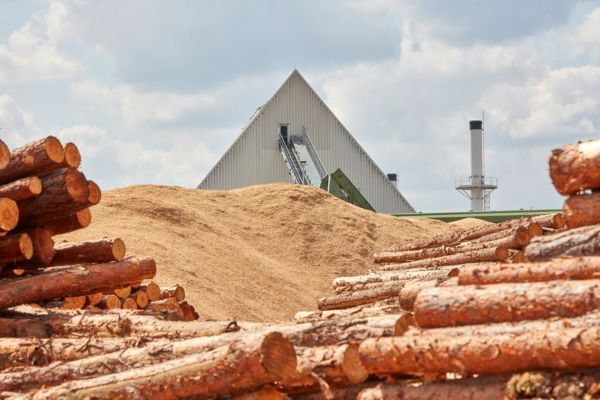 Holzspäne und Holzstämme Lagerhalle in Pyramidenform vor blauen Himmel. Wood chips and logs stored in a pyramid-shaped warehouse against a blue sky.