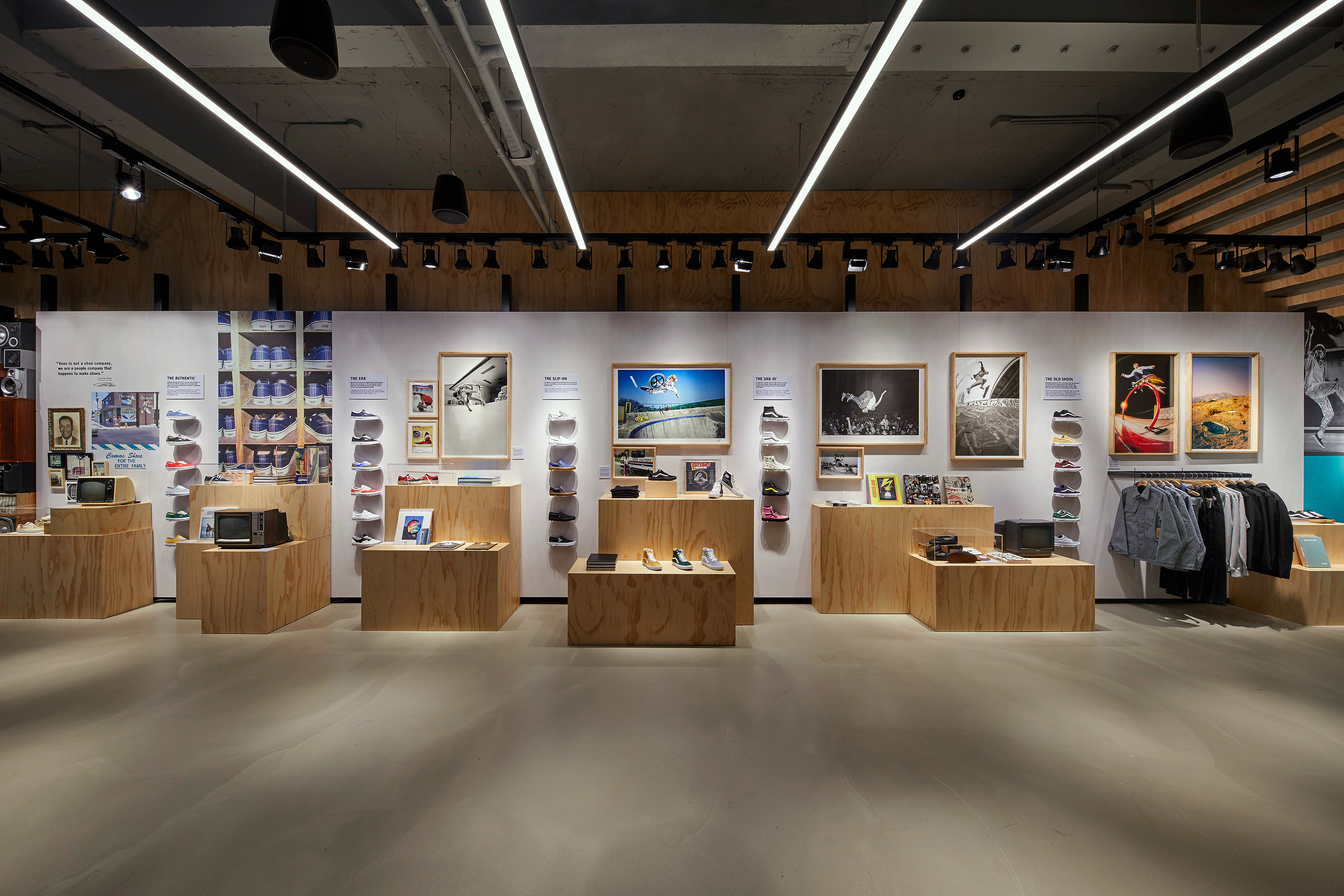 A shopable timeline in Seoul brand showcase showing each of Vans classics in historic and cultural context