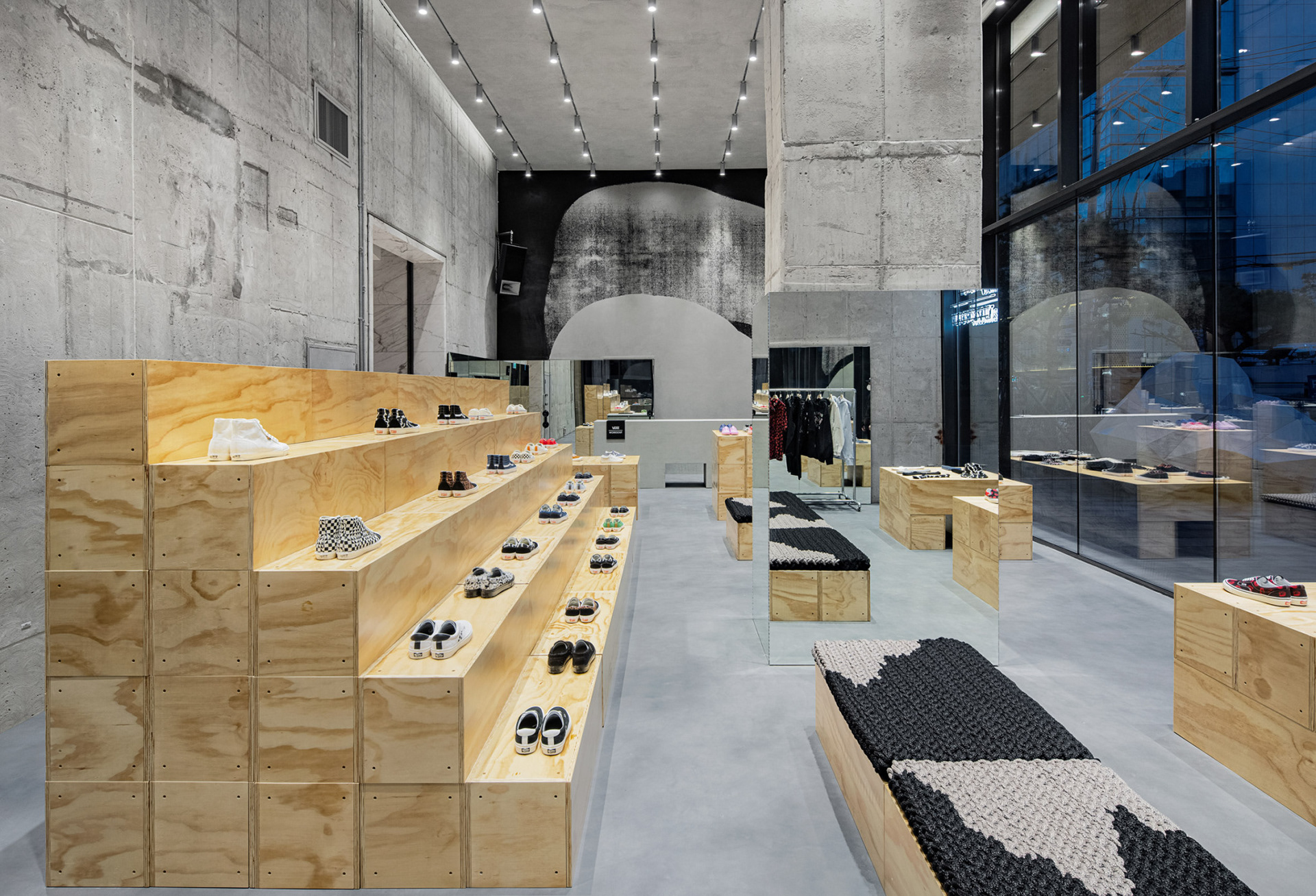 Store interior showing modular plywood fixtures designed to be easily rearranged in many configurations