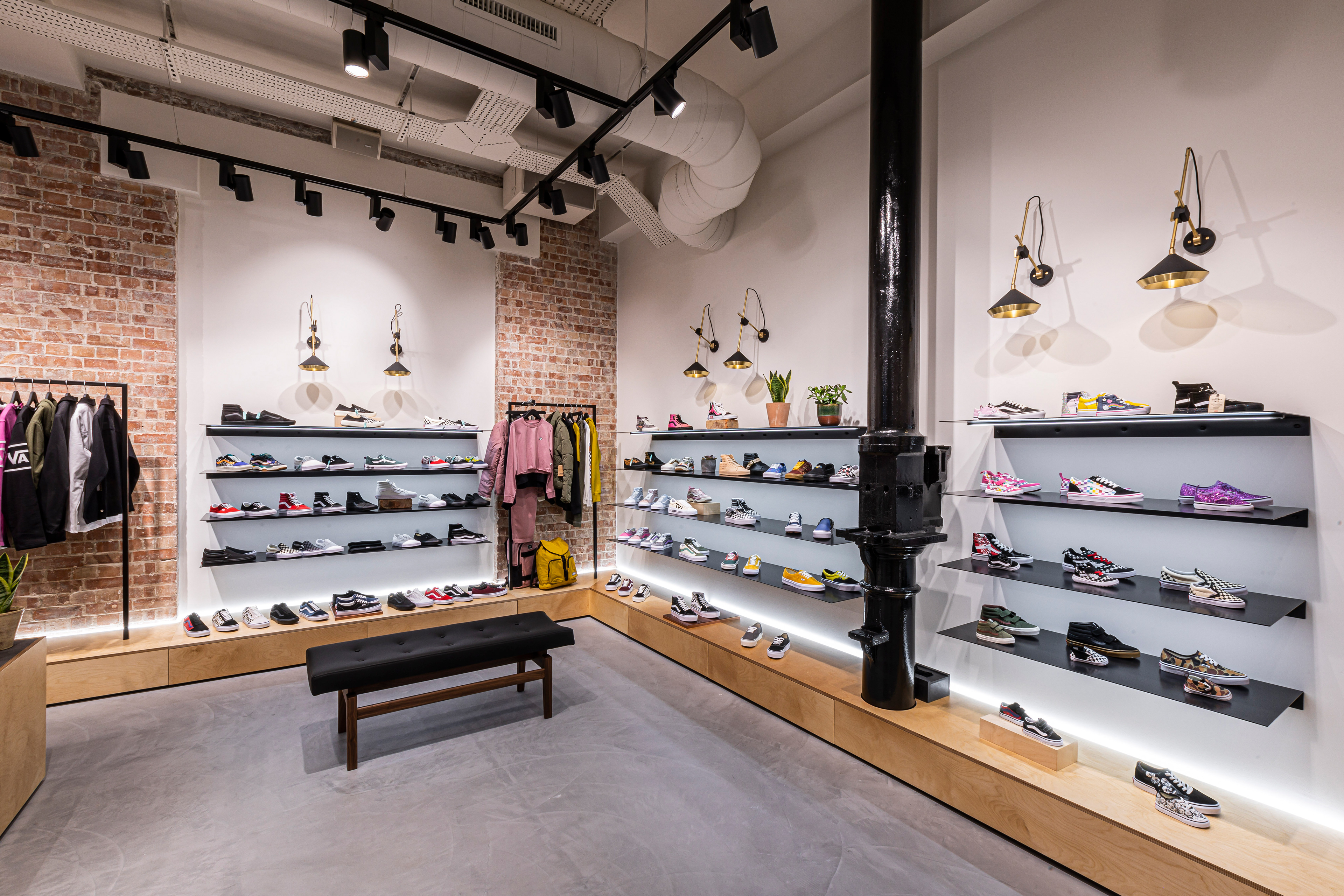 Merchandised footwear wall in Meat Packing District boutique