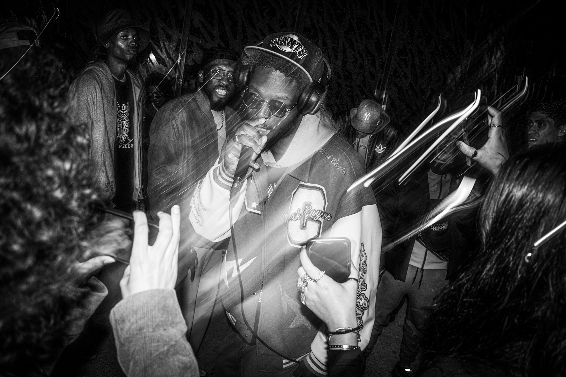 Châtelet, 1st arrondissement, Paris, September 12, 2025. Broly, a former member of the collective, performs at an open mic night organised by the Blackout Generation. 