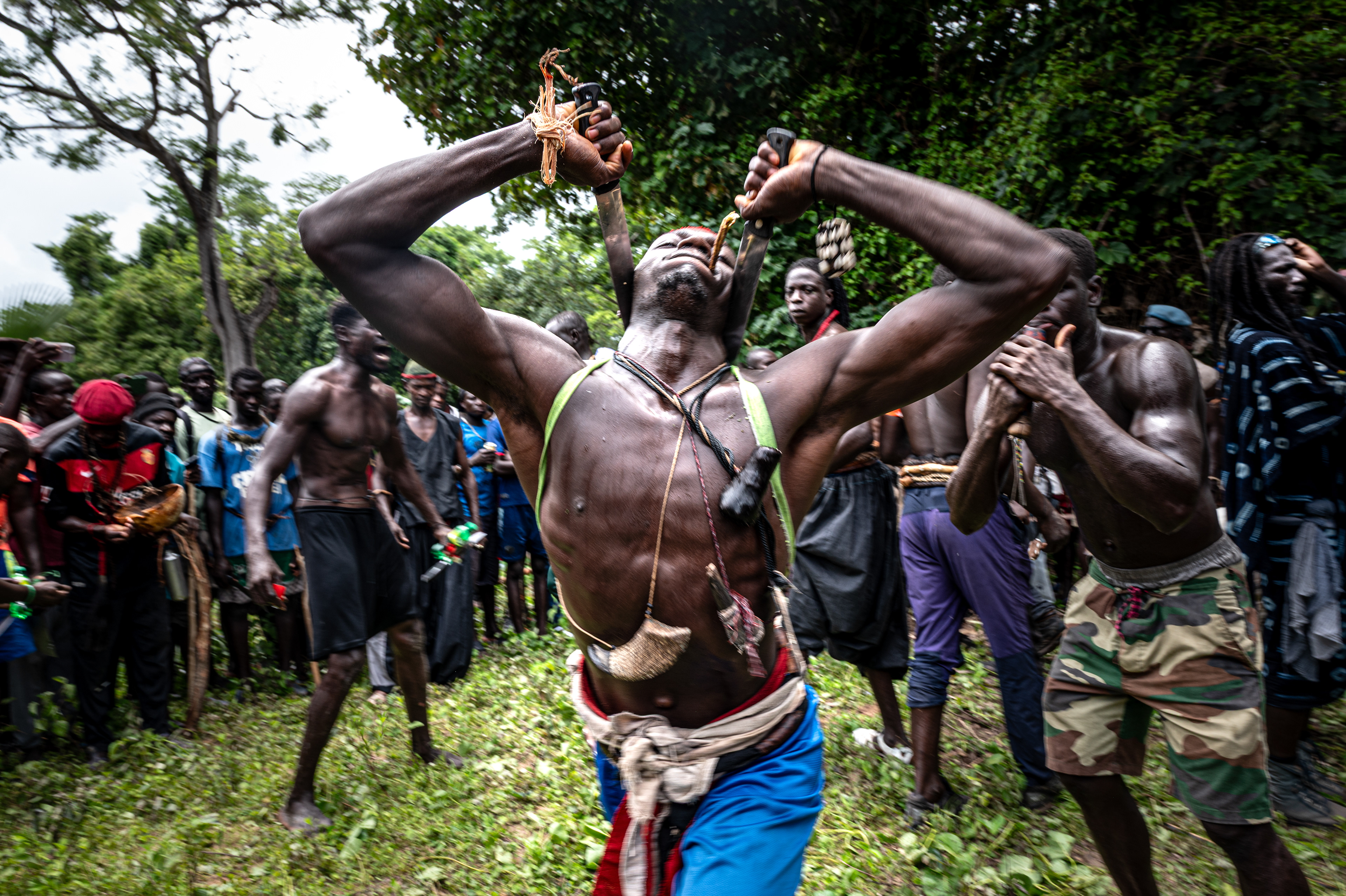 Demonstrations of invulnerability by the initiates during the Boukout festival in Sengalene village, Casamance region, Senegal. August 5, 2026.