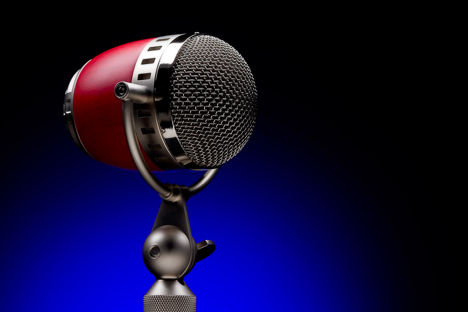 Studio illustration of the Blue Microphones brand for a new series of mics featuing satin steel finishes, chrome accents, and rich woods like cherry.