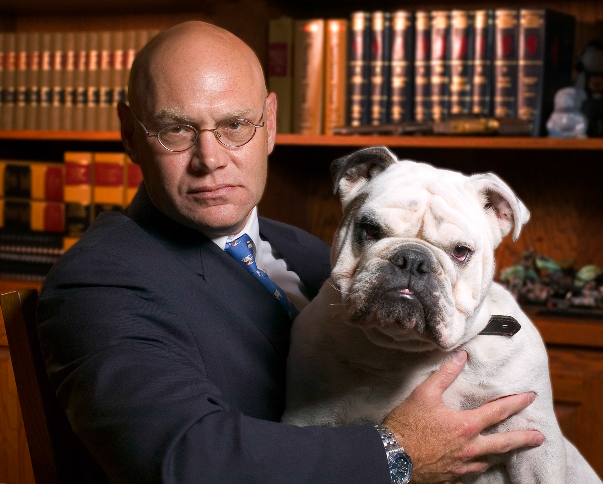 A environmental executive portrait of James H. Moore, attorney at law –"The Bulldog"– along with his own pet bulldog, Darby. The target usage was for the Yellow Pages and other advertising media where Mr. Moore could connect with his clients. More and more, clients are requesting images like this to set them apart from the crowd, and add their own personality to the shots.