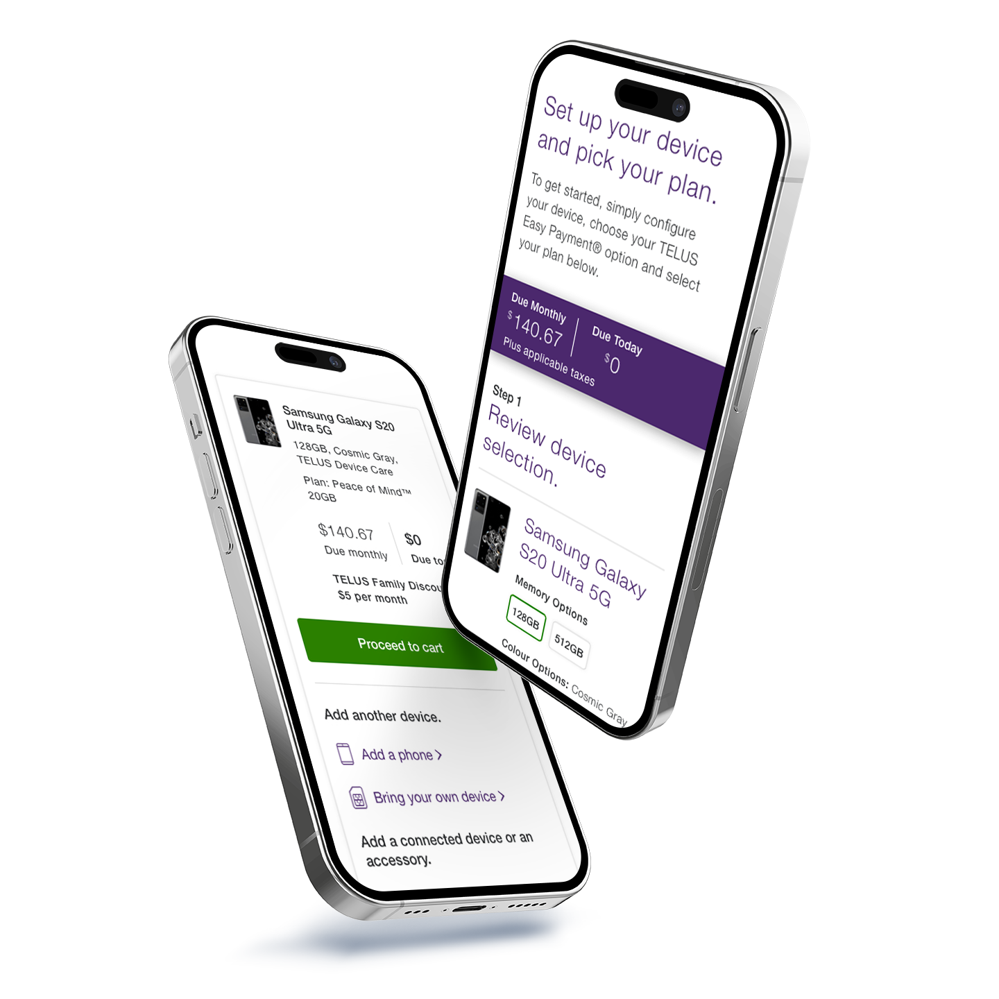 Two phones showcasing designs of the enhanced Telus shopping experience