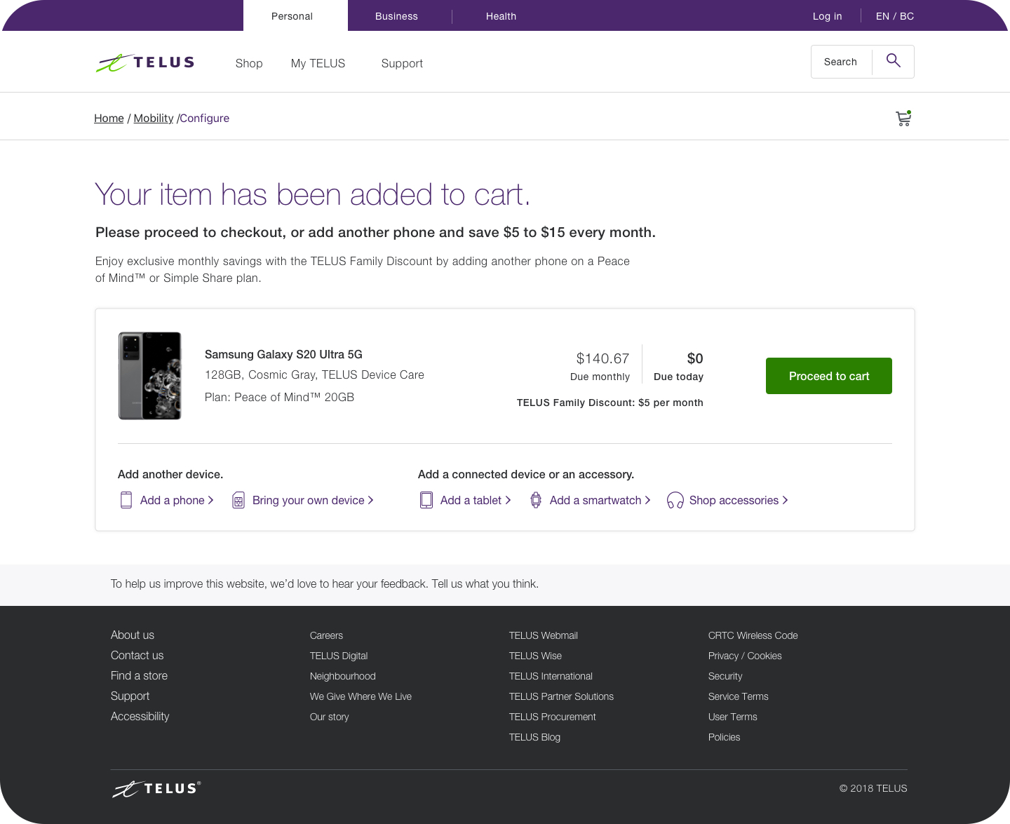 A screenshot of the newly created added-to-cart page of the Telus mobility shopping experience