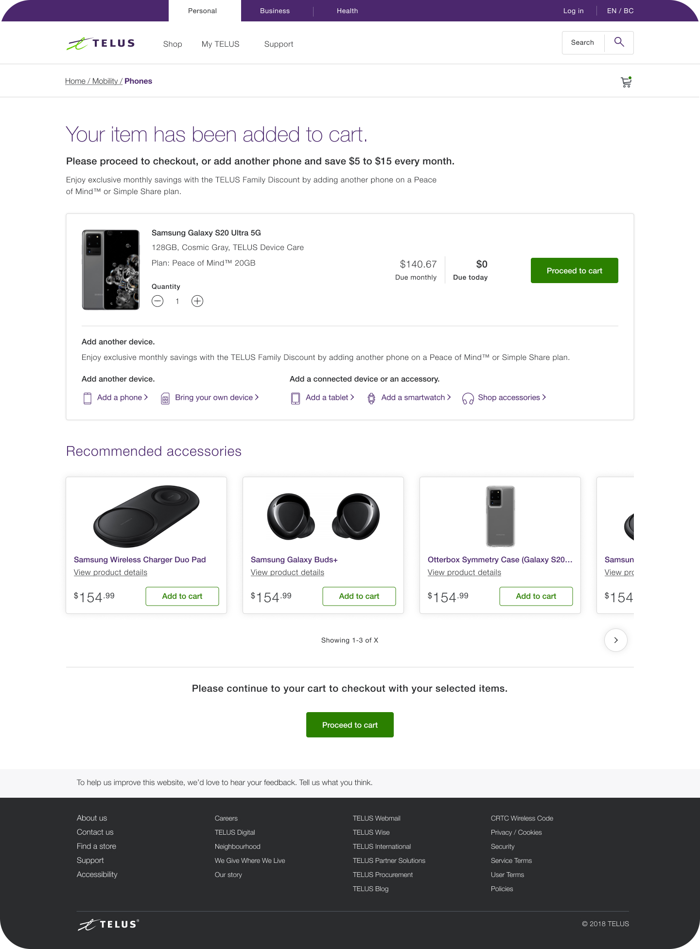A screenshot of the added-to-cart page of the Telus mobility shopping experience with the addition of a accessories recommendation concept