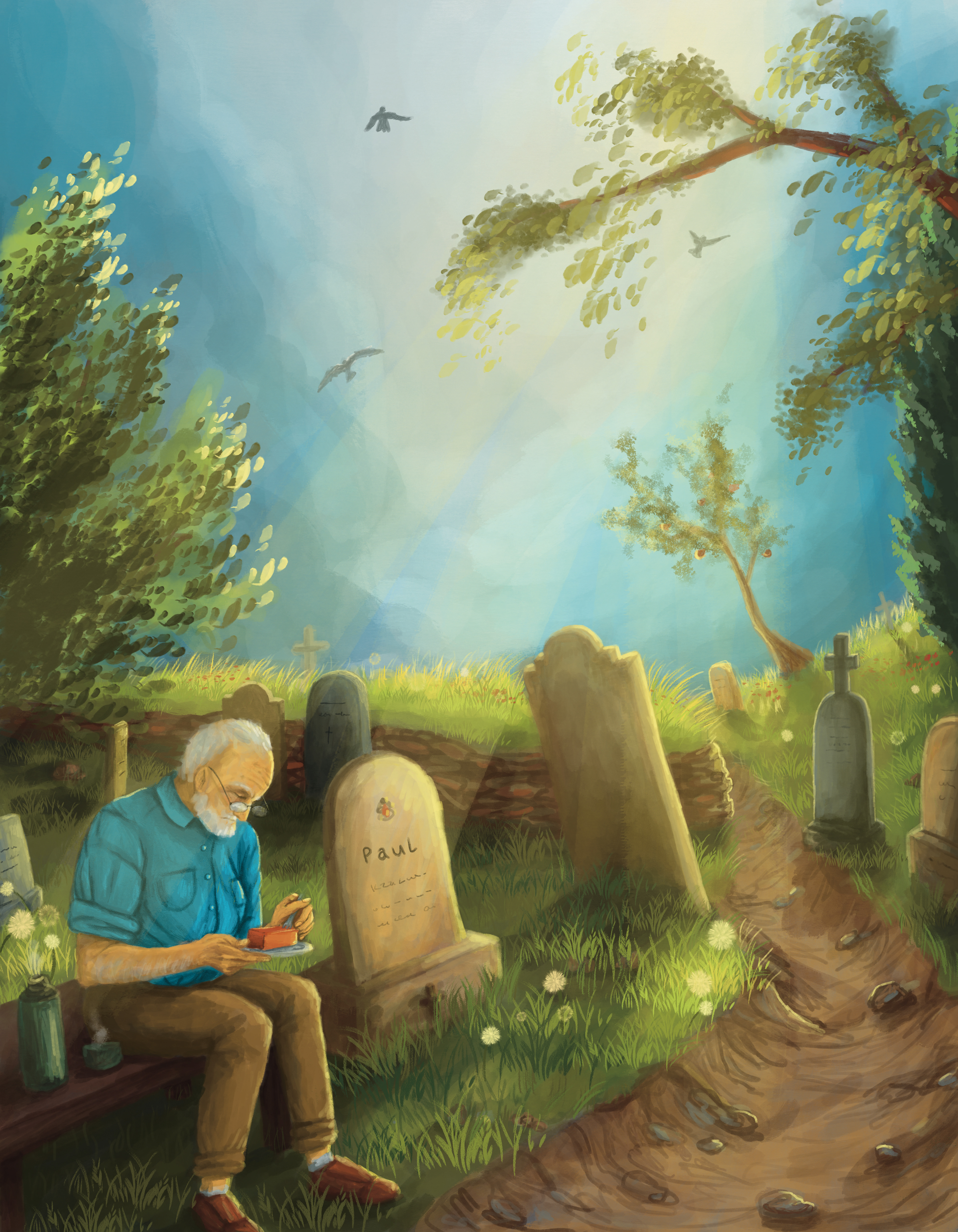 Friedhof: ...Jonnys bester Freund Paul arbeitete sein Leben lang auf dem Friedhof als Gräber. Häufig sah man sie in der Mittagspause auf der Bank sitzen und Kuchen essen. Auch als die Zeit seinen Freund überdauerte pflegte Jonny die Tradition weiterzuführen... - Procreate, 2022