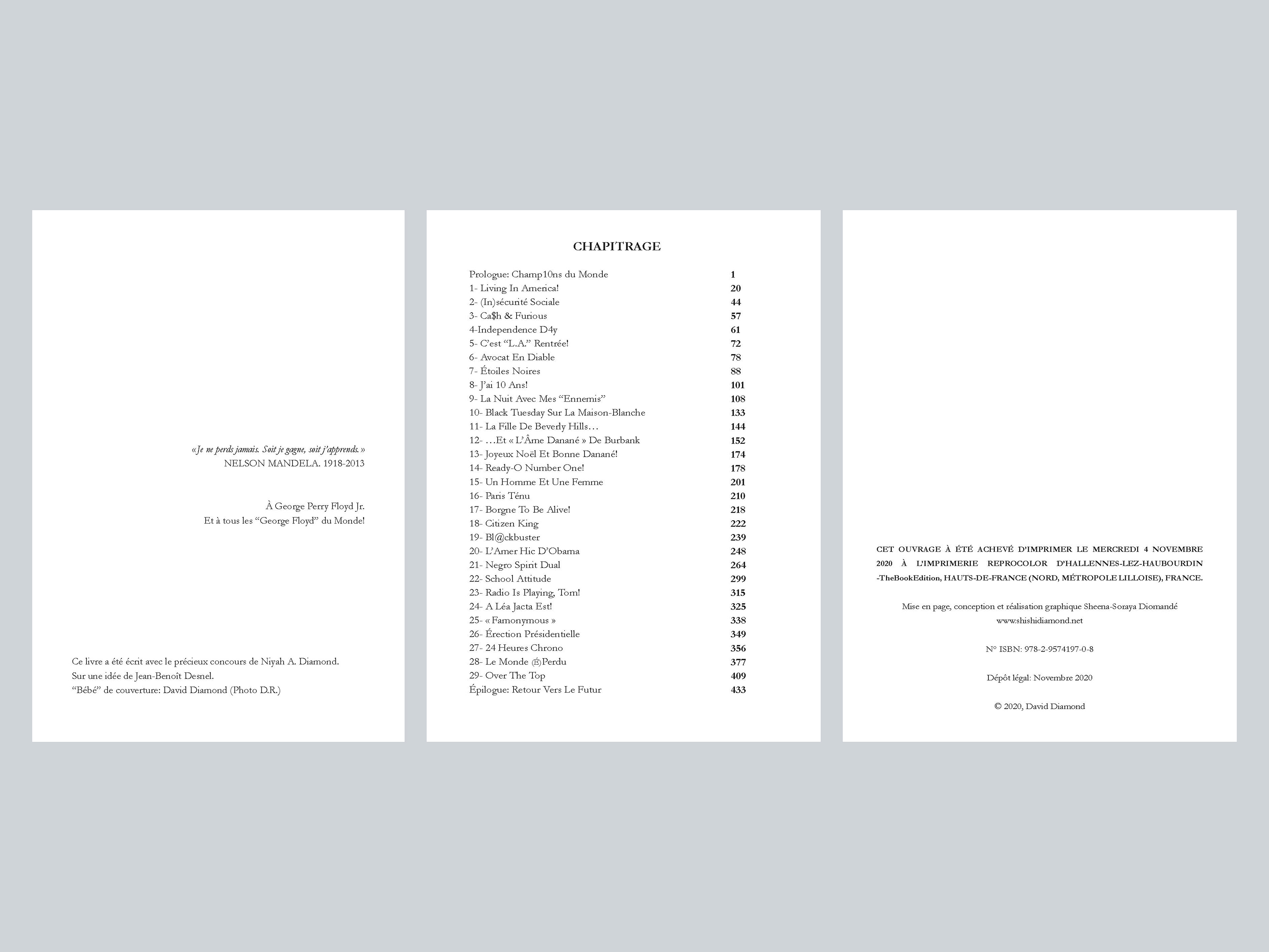 Left: Dedications || Middle: Table of contents || Right: Legal text