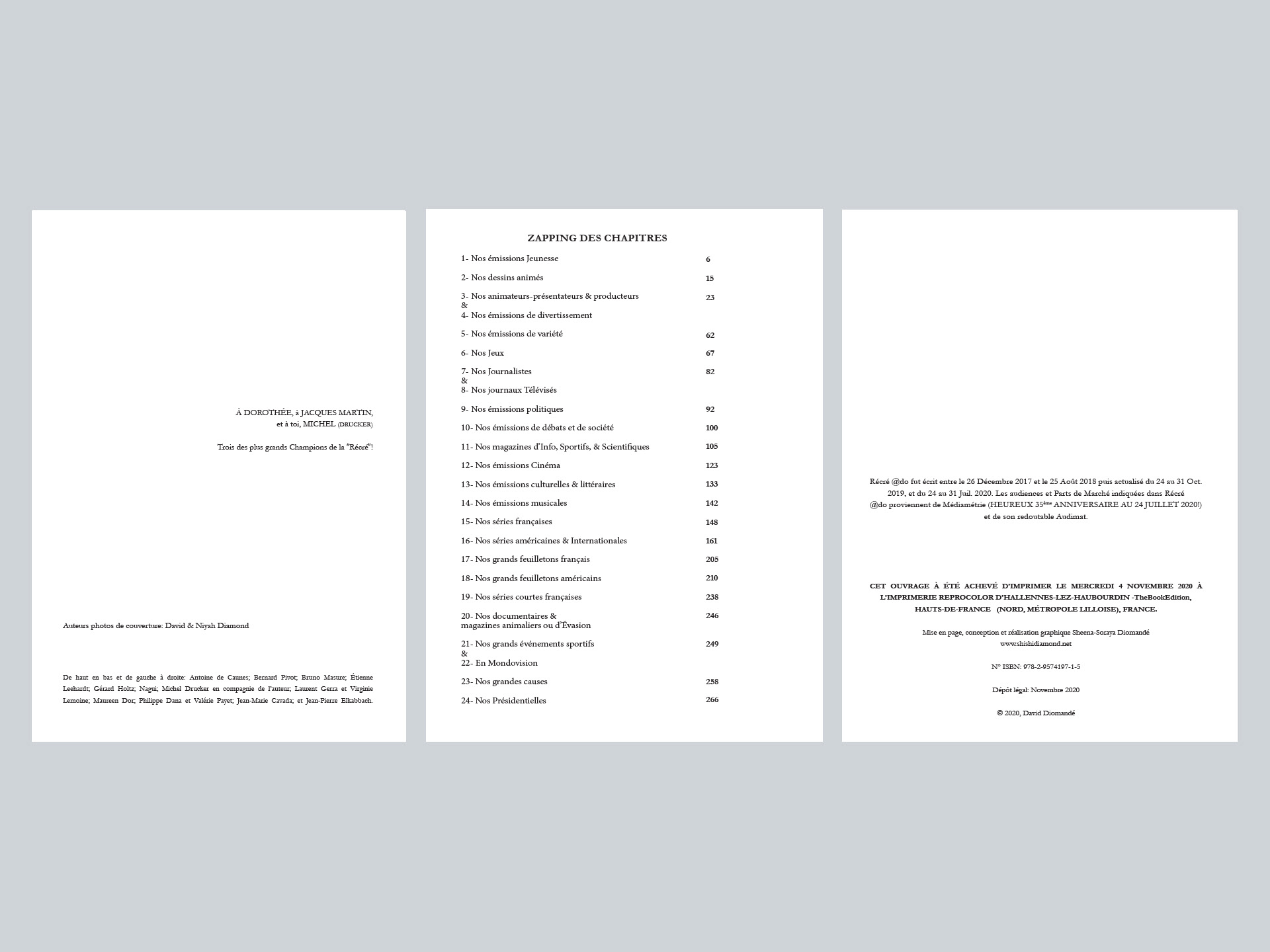 left: dedications || middle: table of contents || right: legal text