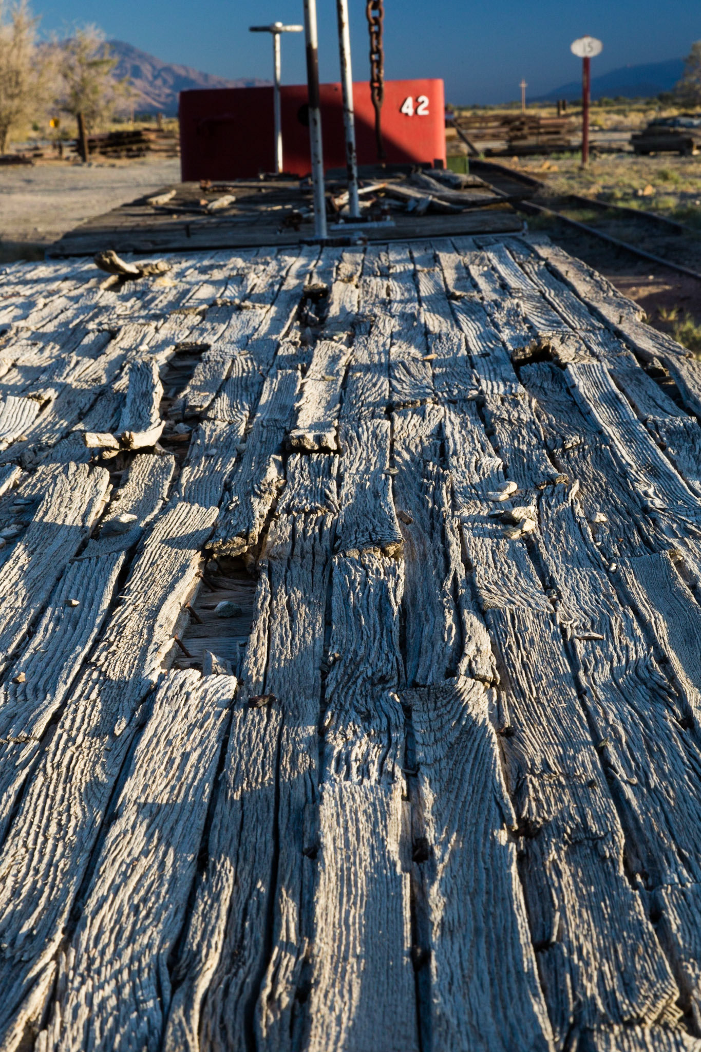 Weathered deck of flat car, Laws Museum, Bishop, CA (2016)
