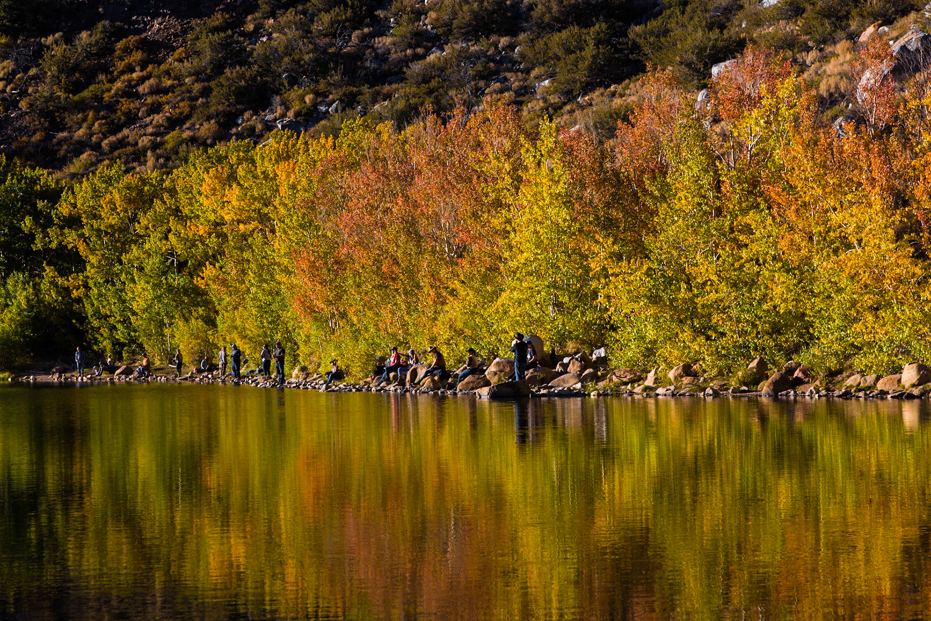 Fishermen at North Lake with fall color.  Eastern Sierra's near Bishop, CA (2016)