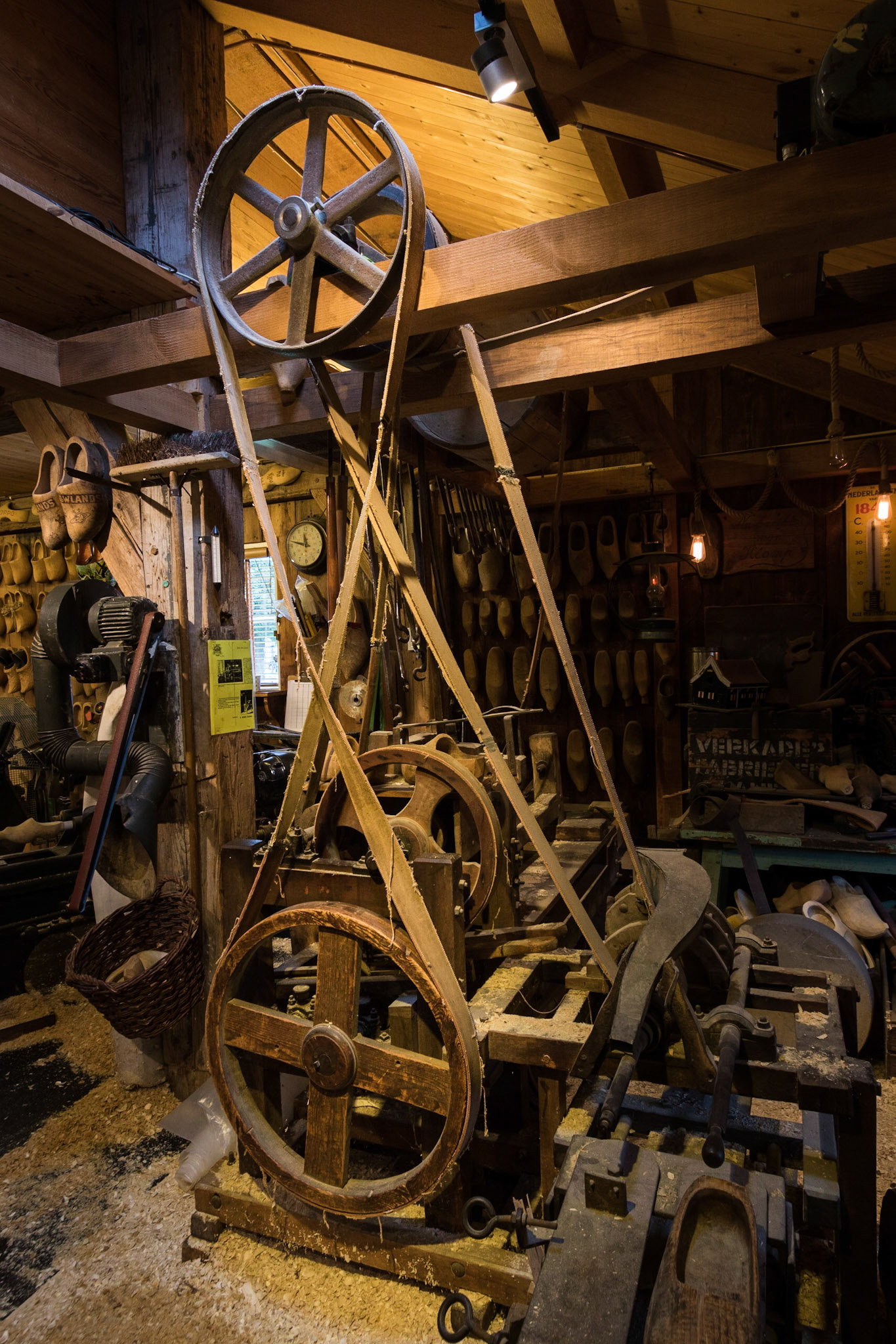 Wooden shoe making lathe.  Zaaanse Schans near Amsterdam, Netherlands (2018)