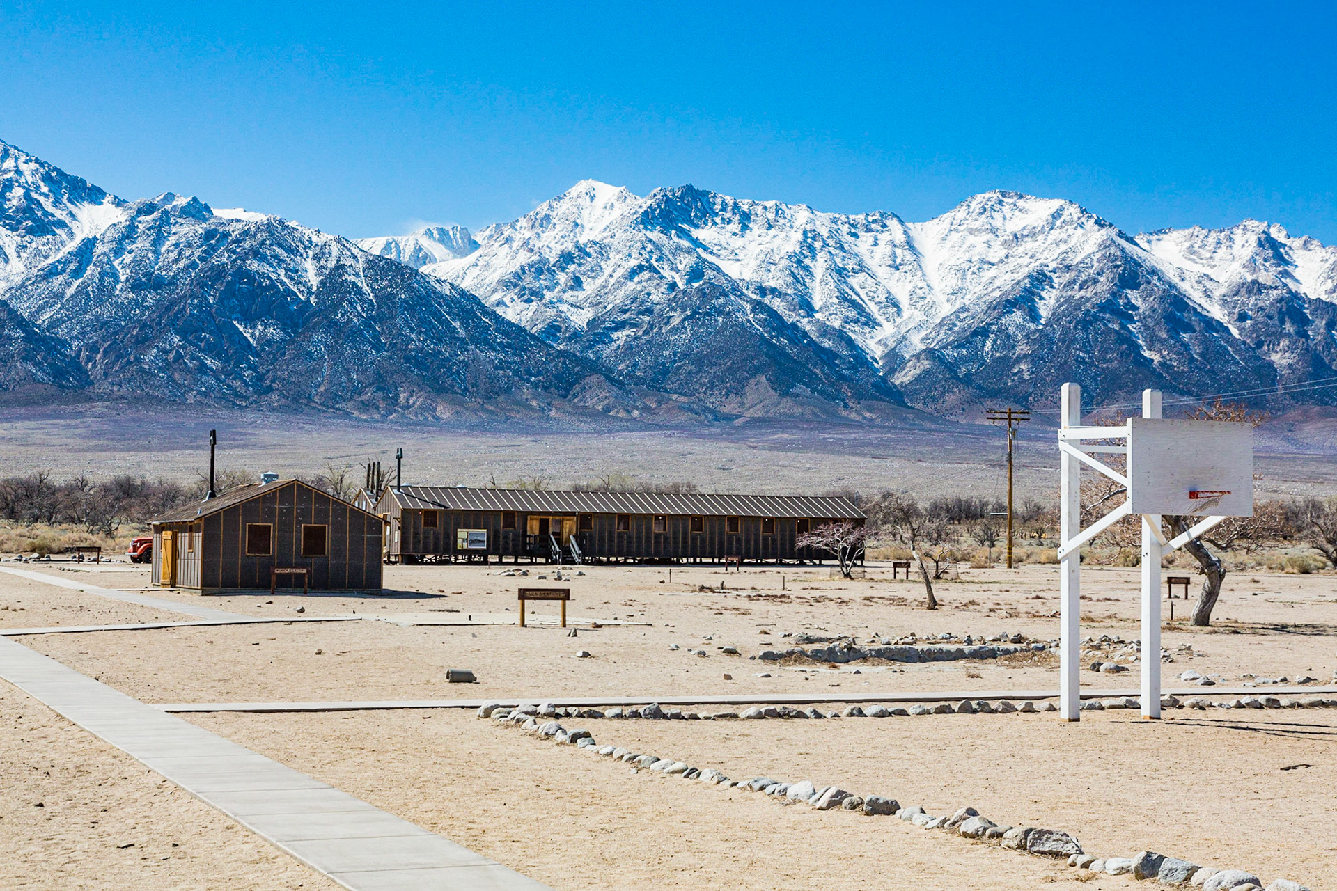 Re-constructed barracks and bathroom building,  Manzanar Japaneese Internment camp near Lone Pine, CA (3/2020)