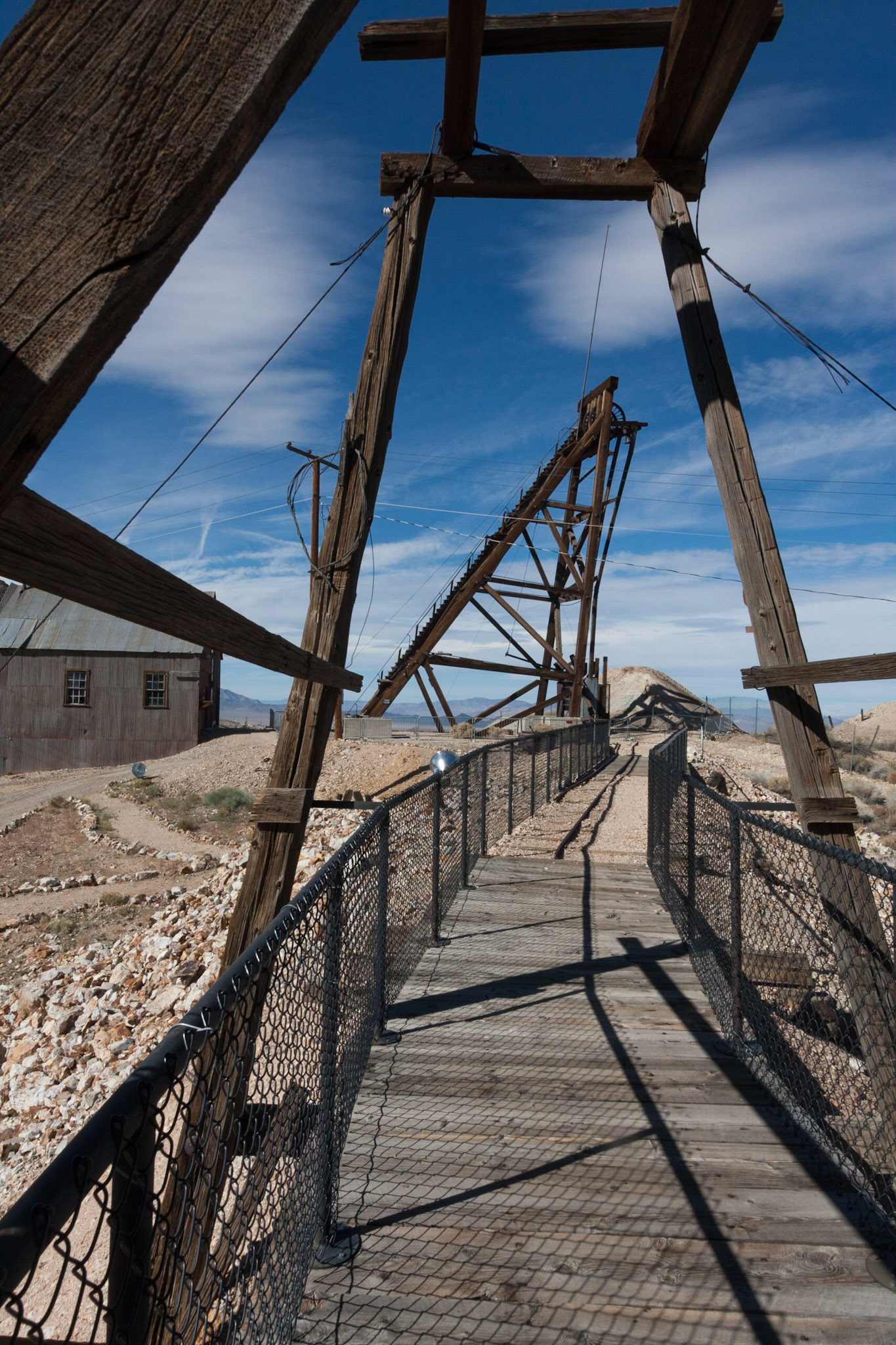Loading ramp from rail hopper and head frame, Silver Top Mine, Tonopah Historic Mining Park, NV