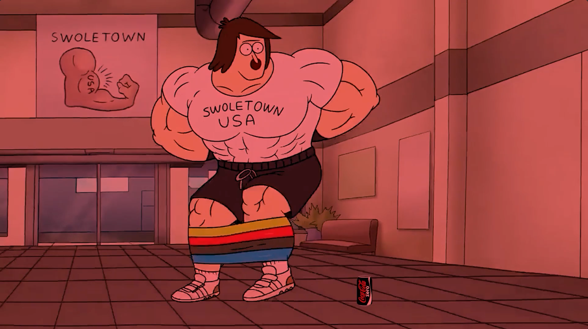 These edits include implementing Coke Zero can into existing cartoon footage and the red overlay