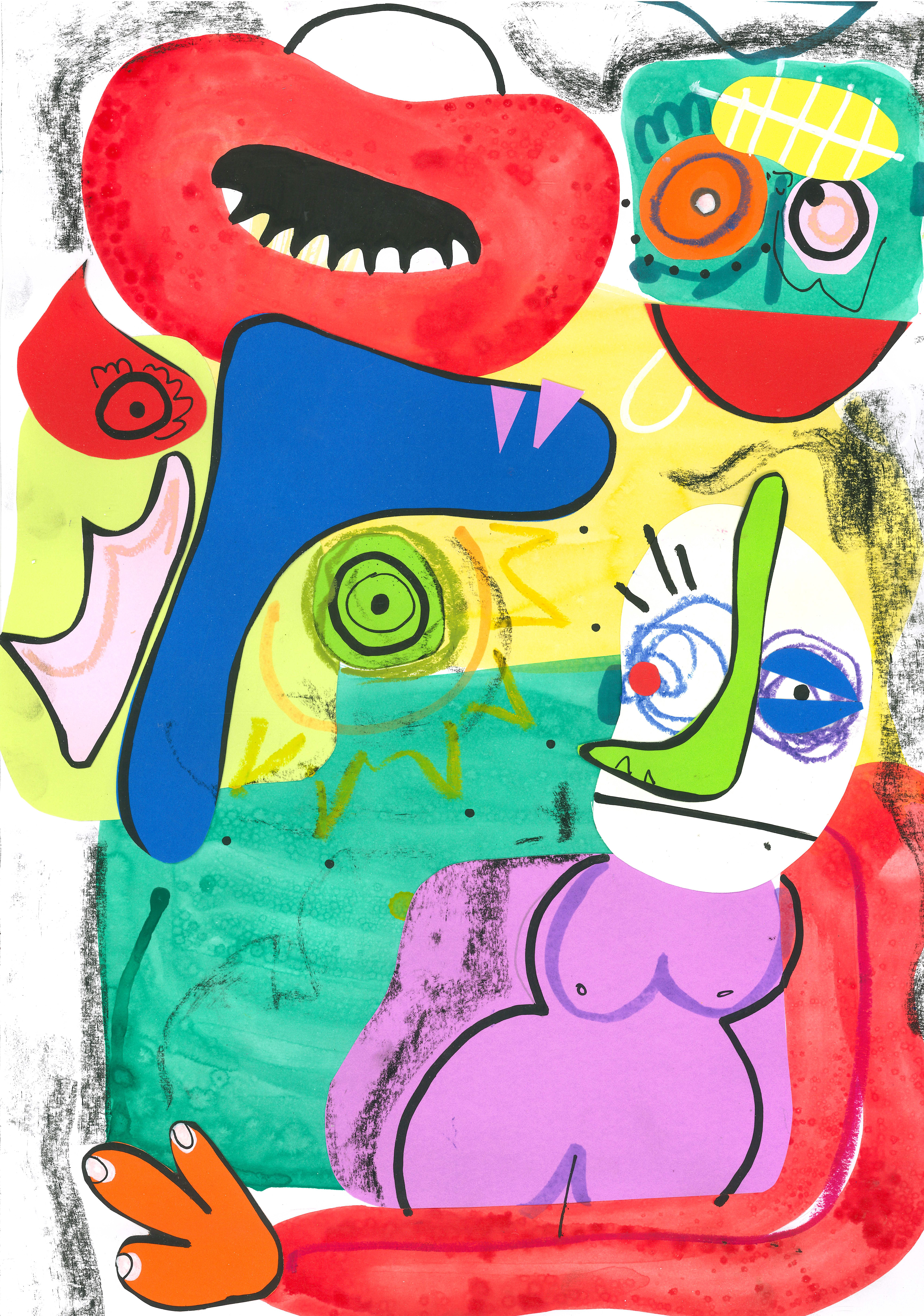"All Manner of Folk: One Purple Breasted", 2026, collage, ink, pen, oil pastel, 29.7 cm x 42 cm