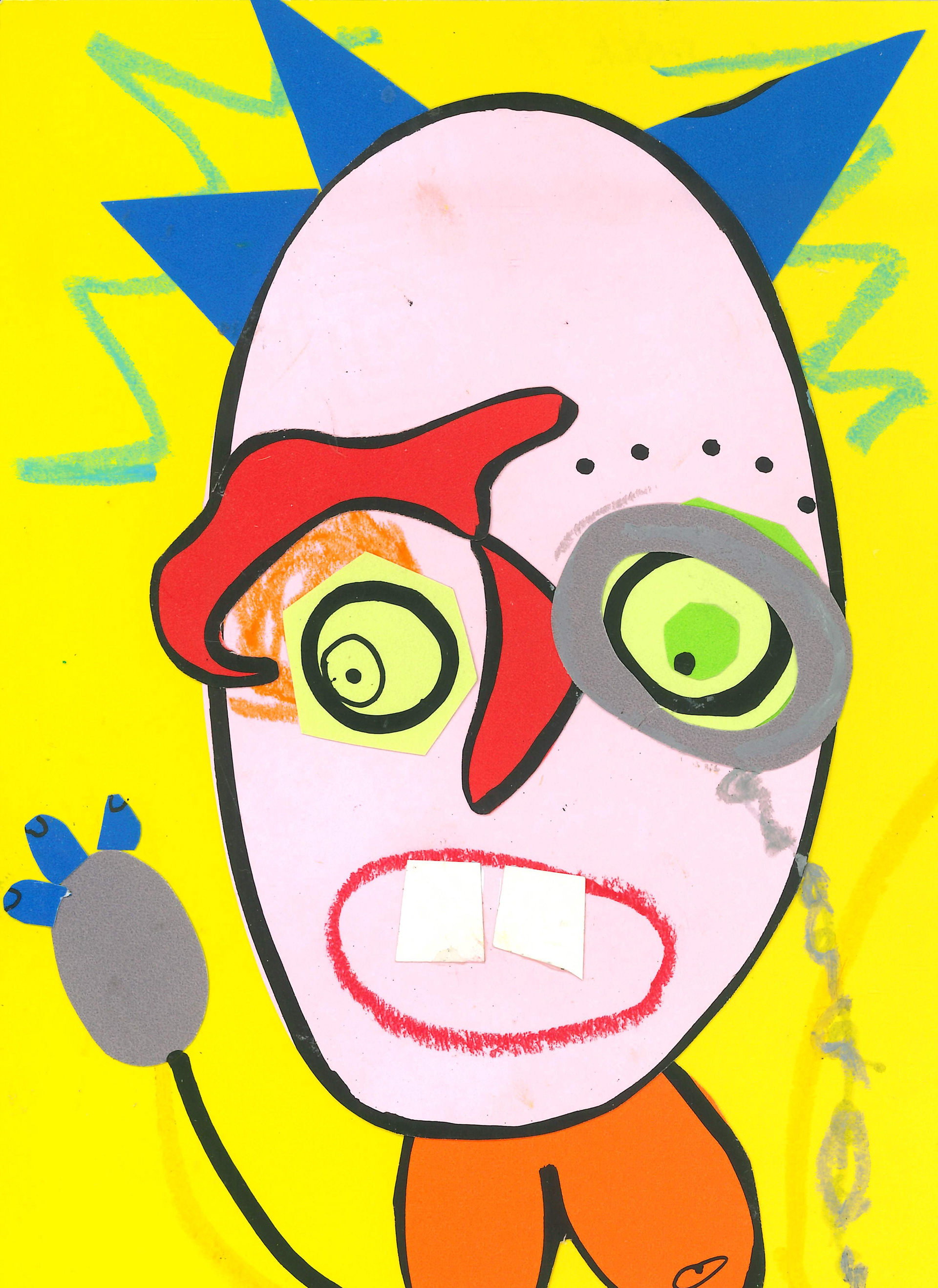 "Electric Shock from a Monocle", 2026, collage, pen, oil pastel, 14.8 x 21 cm 