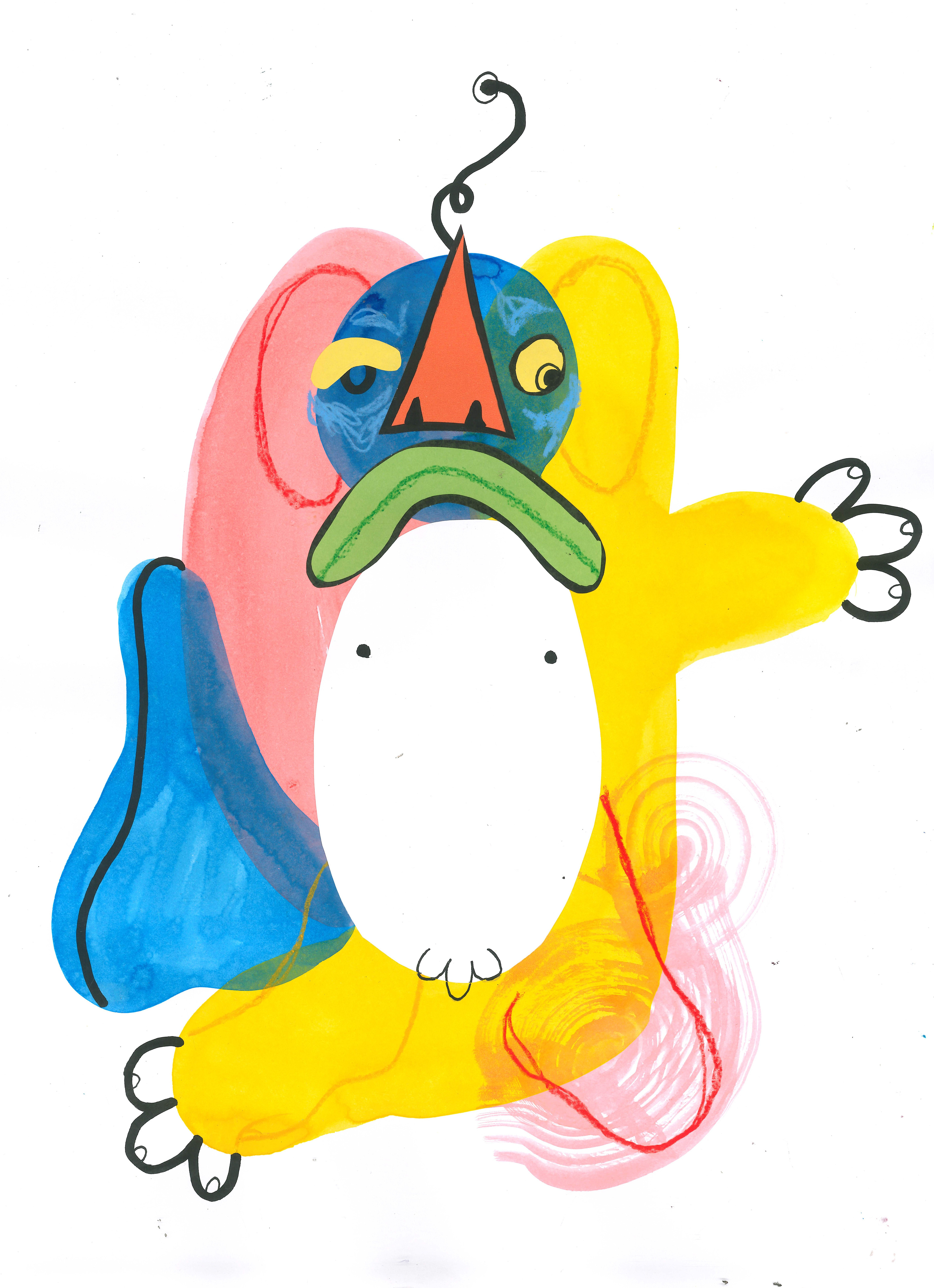 "Manicure/ Pedicure in a Birthday Suit", 2026, ink, pen, collage, oil pastel, 29.7 cm x 42 cm