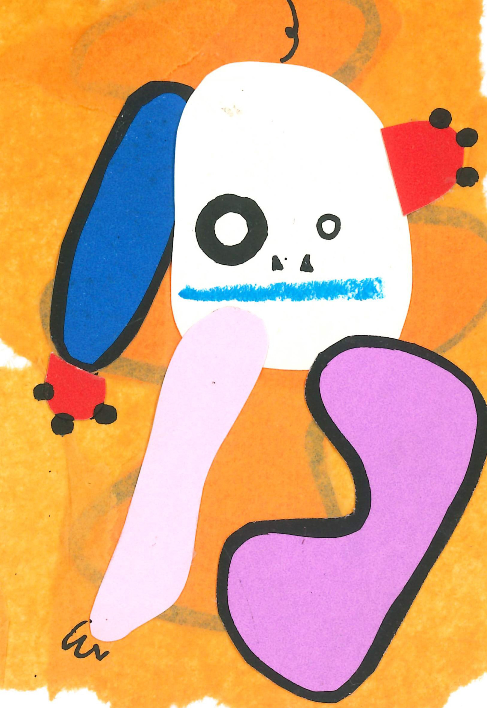 "My Leg is a Pair of Sunglasses", 2026, collage, pen, oil pastel, 5.2 x 7.4 cm