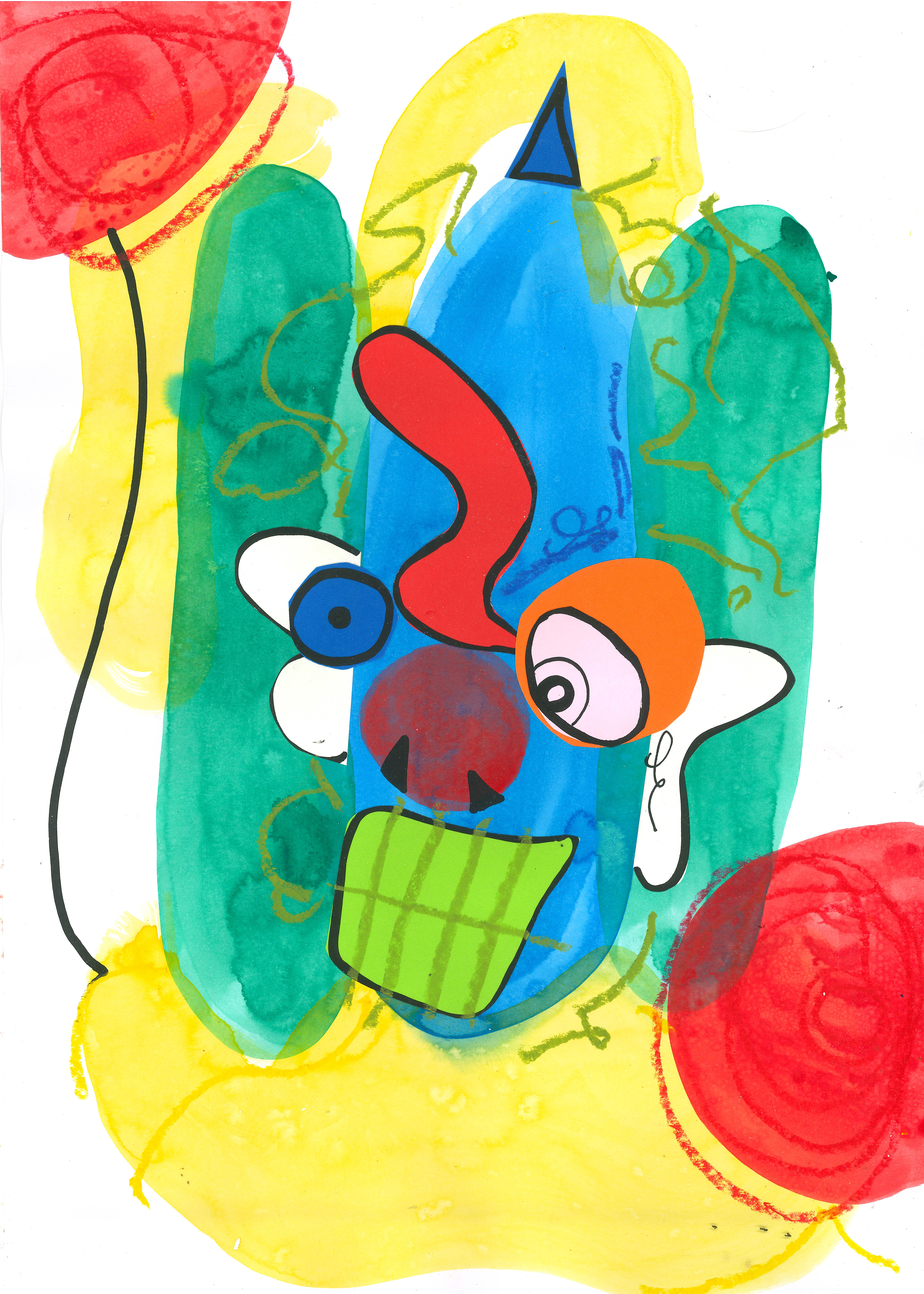 "A Folk of All Manner: Merry Ballooning", 2026, ink, collage, oil pastel, pen, 29.7 cm x 42 cm 