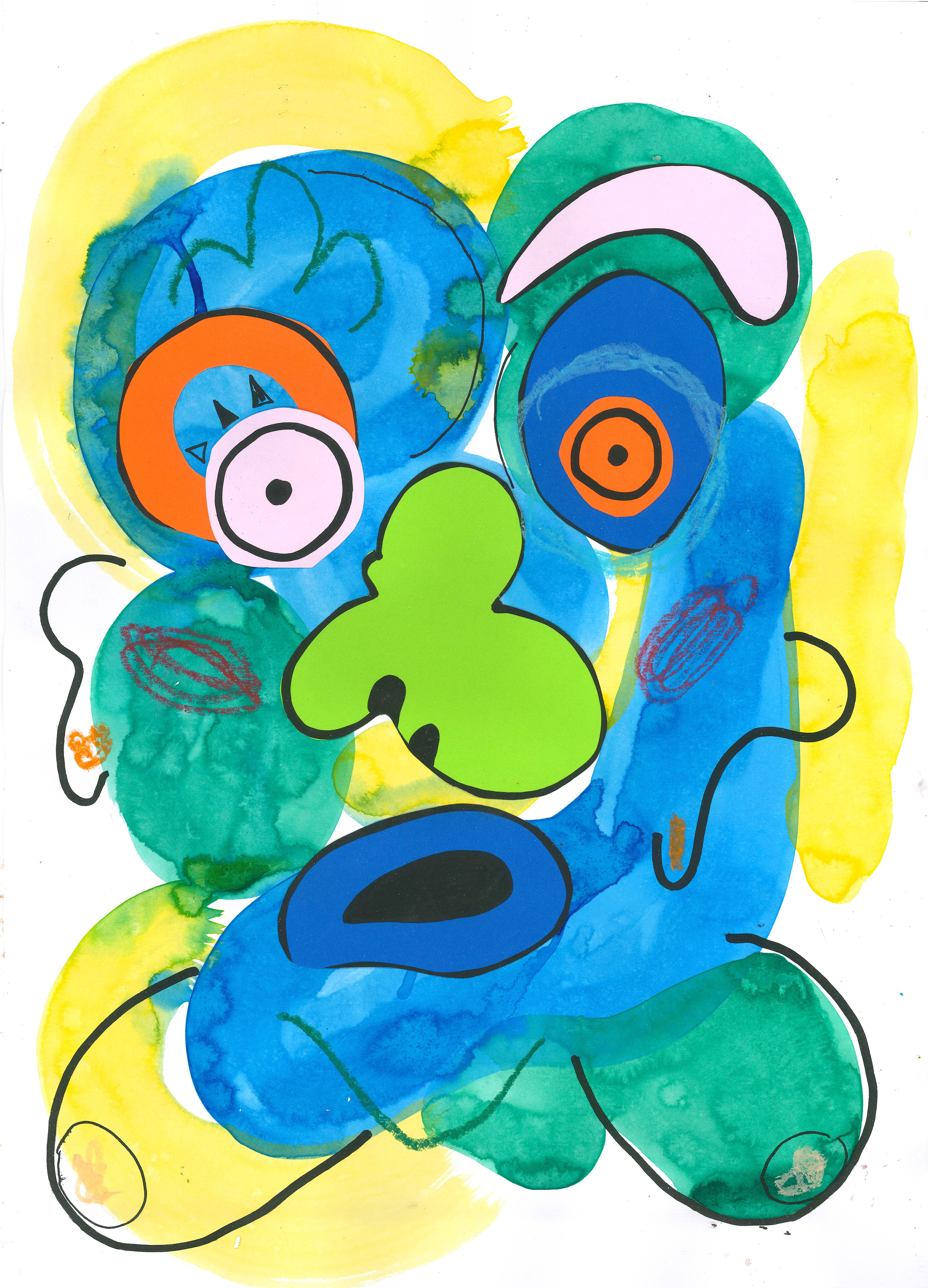 "A Folk of All Manner: Rosy Cheeked", 2026, ink, collage, oil pastel, pen, 29.7 cm x 42 cm